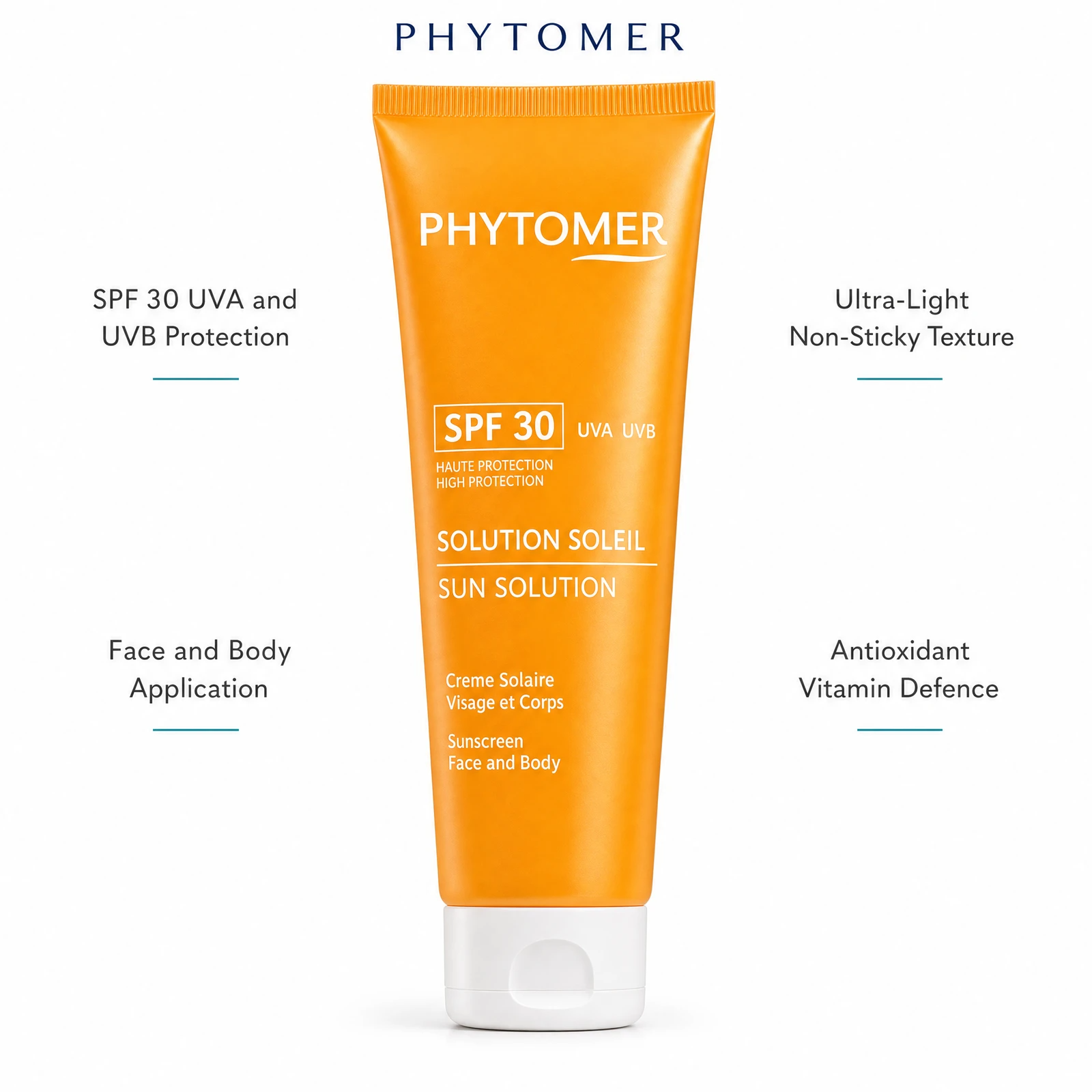 Phytomer Sun Solution Sunscreen SPF30 Face and Body 125ml with four benefit callouts: SPF 30 UVA and UVB Protection, Face and Body Application, Ultra-Light Non-Sticky Texture, Antioxidant Vitamin Defence