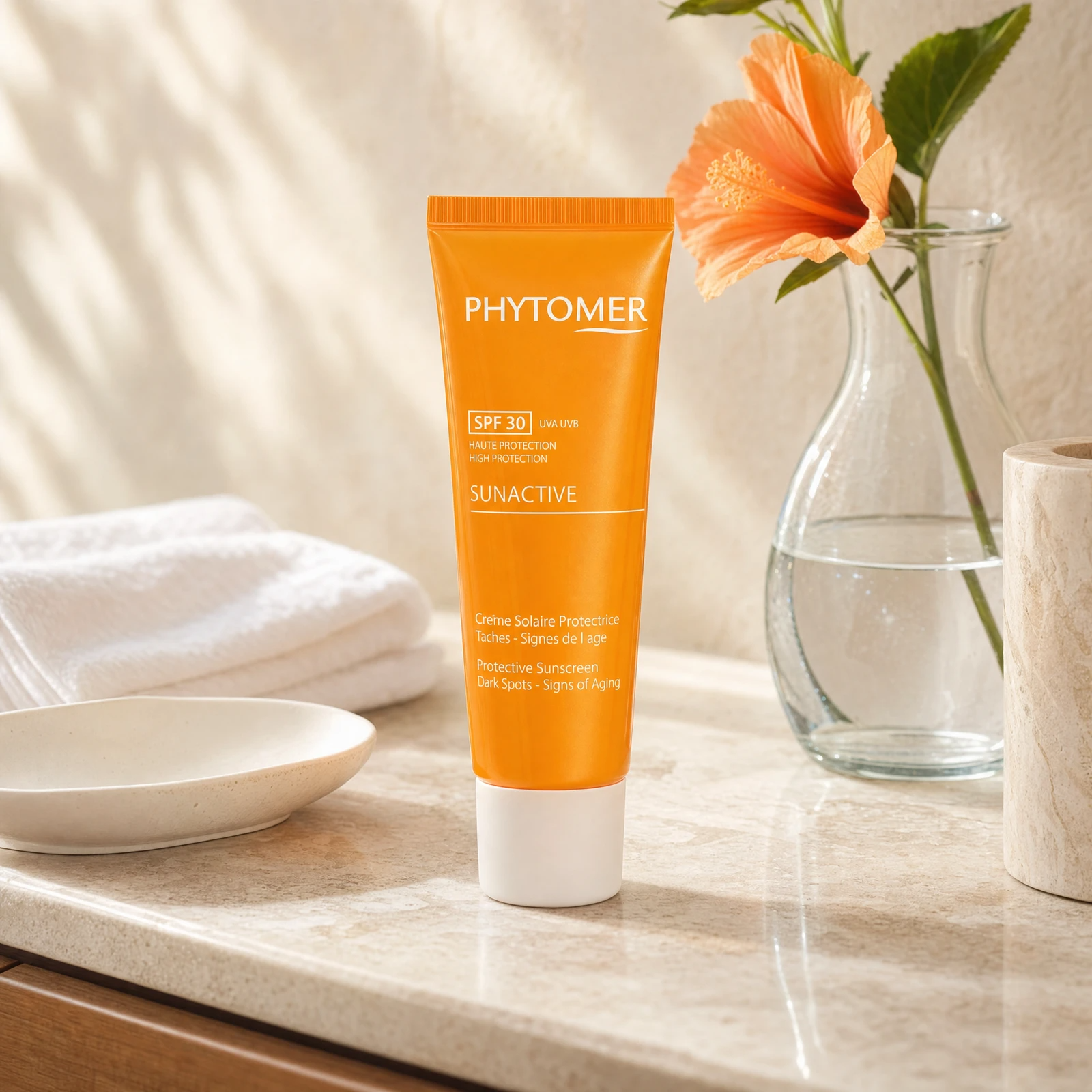 Phytomer Sunactive Protective Sunscreen Dark Spots SPF30 50ml on a marble bathroom vanity with hibiscus flower, glass vessel, white towels and ceramic dish, premium at-home skincare setting