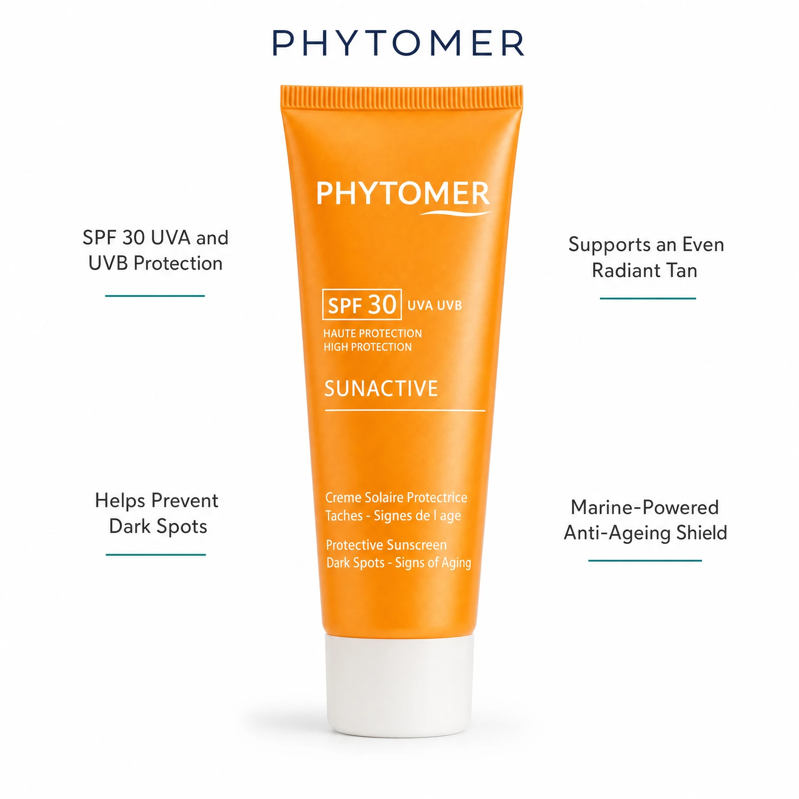 Phytomer Sunactive Protective Sunscreen Dark Spots SPF30 50ml with four benefit callouts: SPF 30 UVA and UVB Protection, Helps Prevent Dark Spots, Supports an Even Radiant Tan, Marine-Powered Anti-Ageing Shield