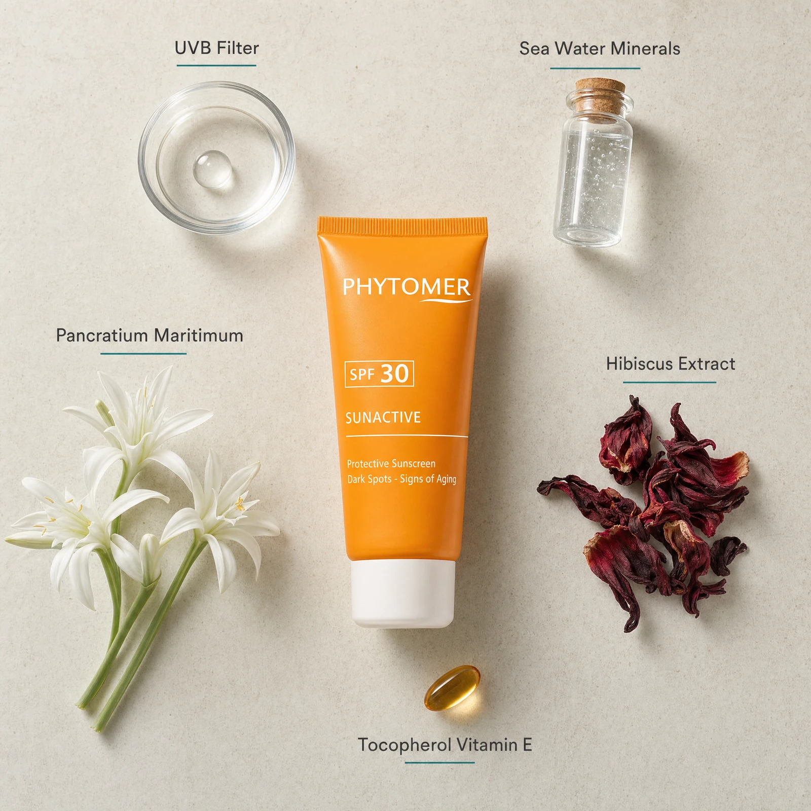 Phytomer Sunactive Protective Sunscreen Dark Spots SPF30 50ml flatlay on limestone surface with UVB Filter, Sea Water Minerals, Pancratium Maritimum, Hibiscus Extract, and Tocopherol Vitamin E