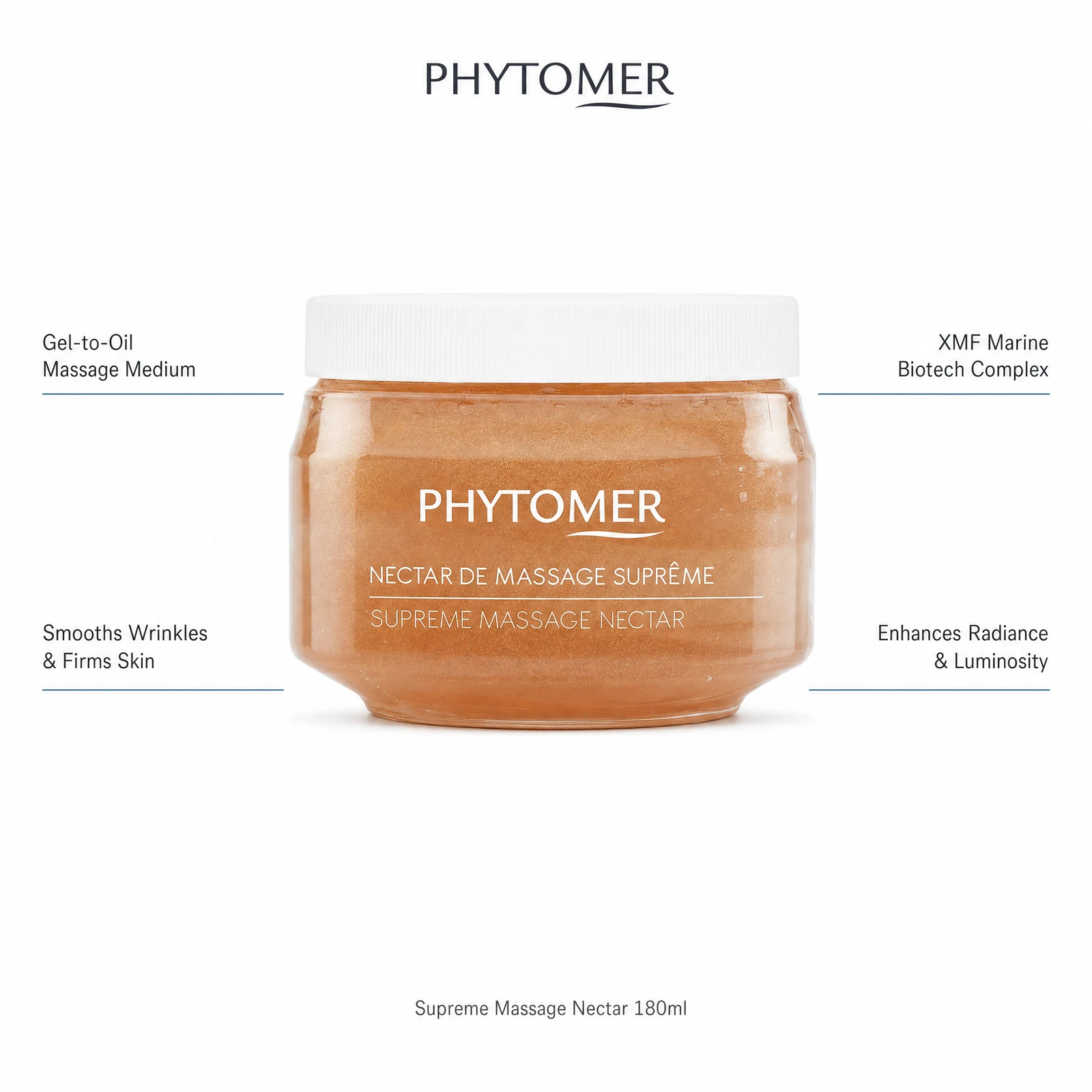 Phytomer Supreme Massage Nectar 180ml with four professional benefit callouts: Gel-to-Oil Massage Medium, Smooths Wrinkles and Firms Skin, XMF Marine Biotech Complex, Enhances Radiance and Luminosity
