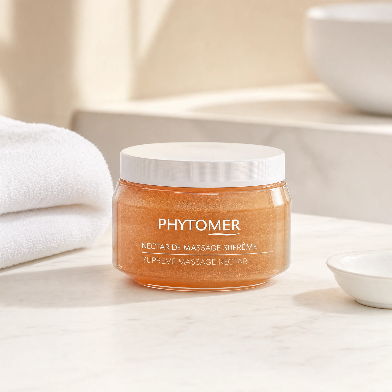 Phytomer Supreme Massage Nectar 180ml amber-orange clear glass jar on a premium beauty clinic marble counter with white spa towels and ceramic dish
