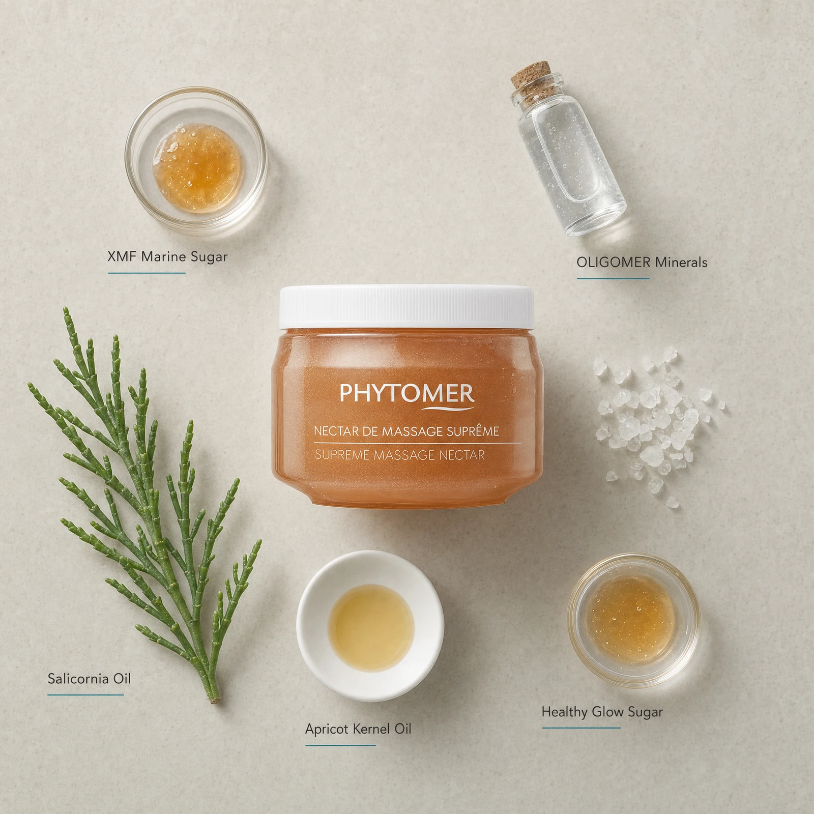 Phytomer Supreme Massage Nectar 180ml flatlay with key ingredients including XMF Marine Sugar, OLIGOMER Minerals, Salicornia Oil, Apricot Kernel Oil and Healthy Glow Sugar