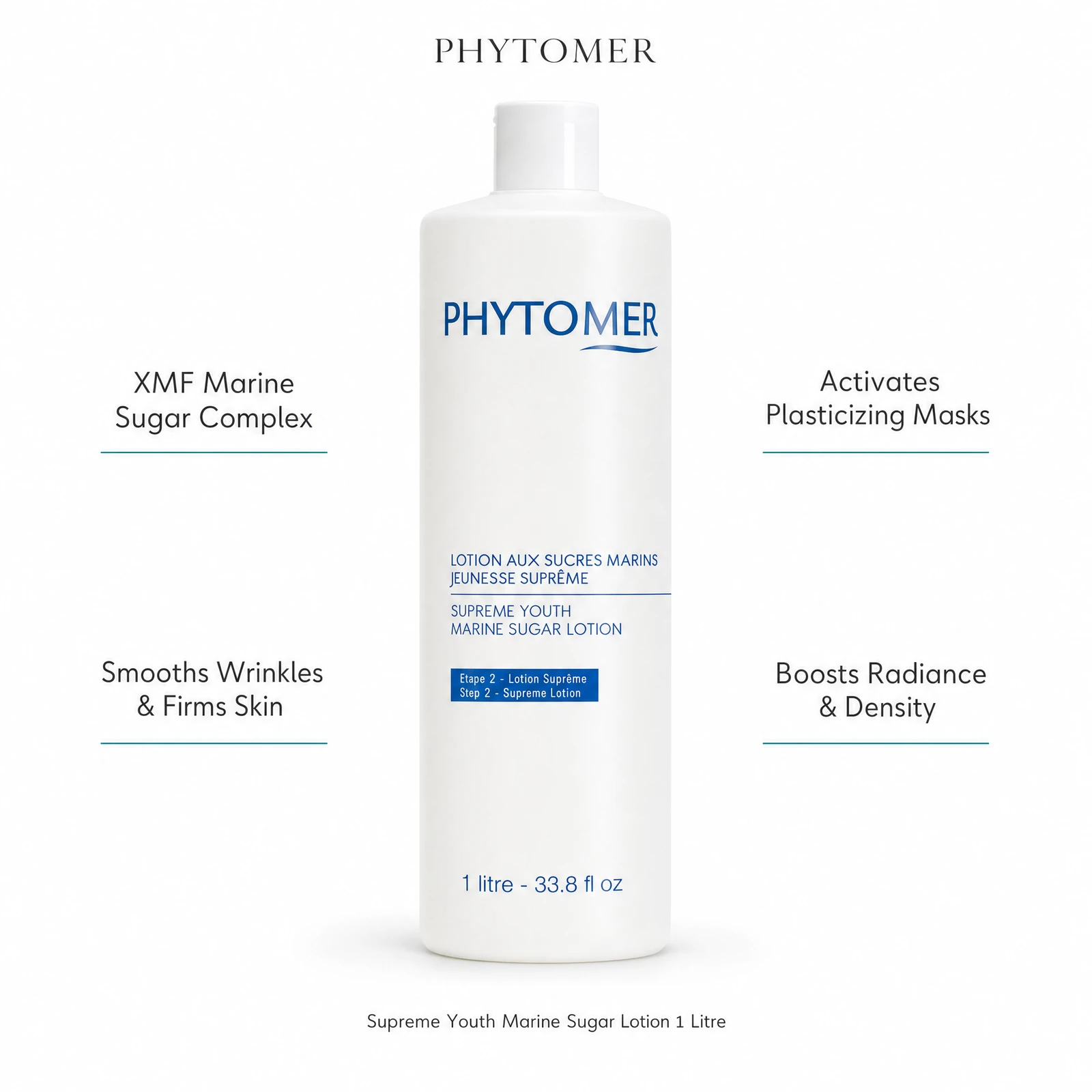 Phytomer Supreme Youth Marine Sugar Lotion 1 Litre with four professional benefit callouts: XMF Marine Sugar Complex, Smooths Wrinkles and Firms Skin, Activates Plasticizing Masks, Boosts Radiance and Density