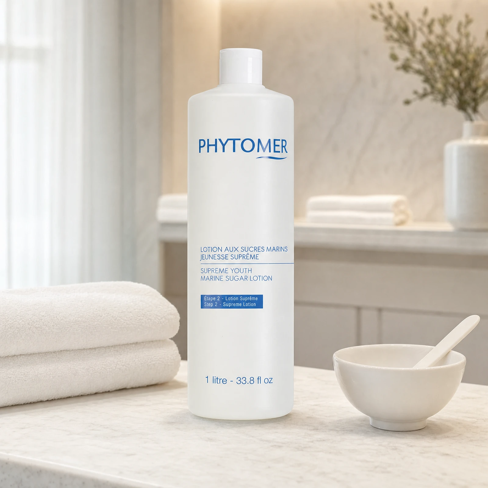Phytomer Supreme Youth Marine Sugar Lotion 1 Litre professional bottle on a premium beauty clinic marble counter with white spa towels and ceramic mixing bowl