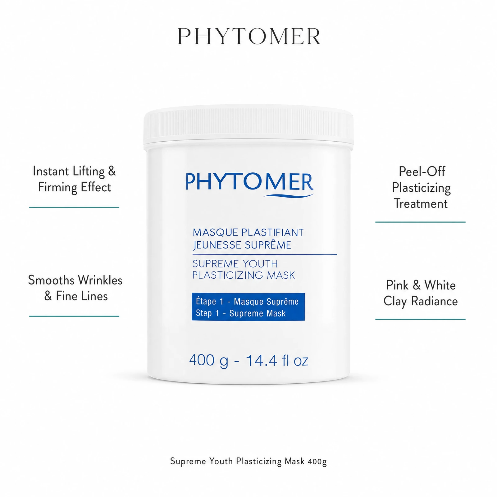Phytomer Supreme Youth Plasticizing Mask 400g with four professional benefit callouts: Instant Lifting and Firming Effect, Smooths Wrinkles and Fine Lines, Peel-Off Plasticizing Treatment, Pink and White Clay Radiance