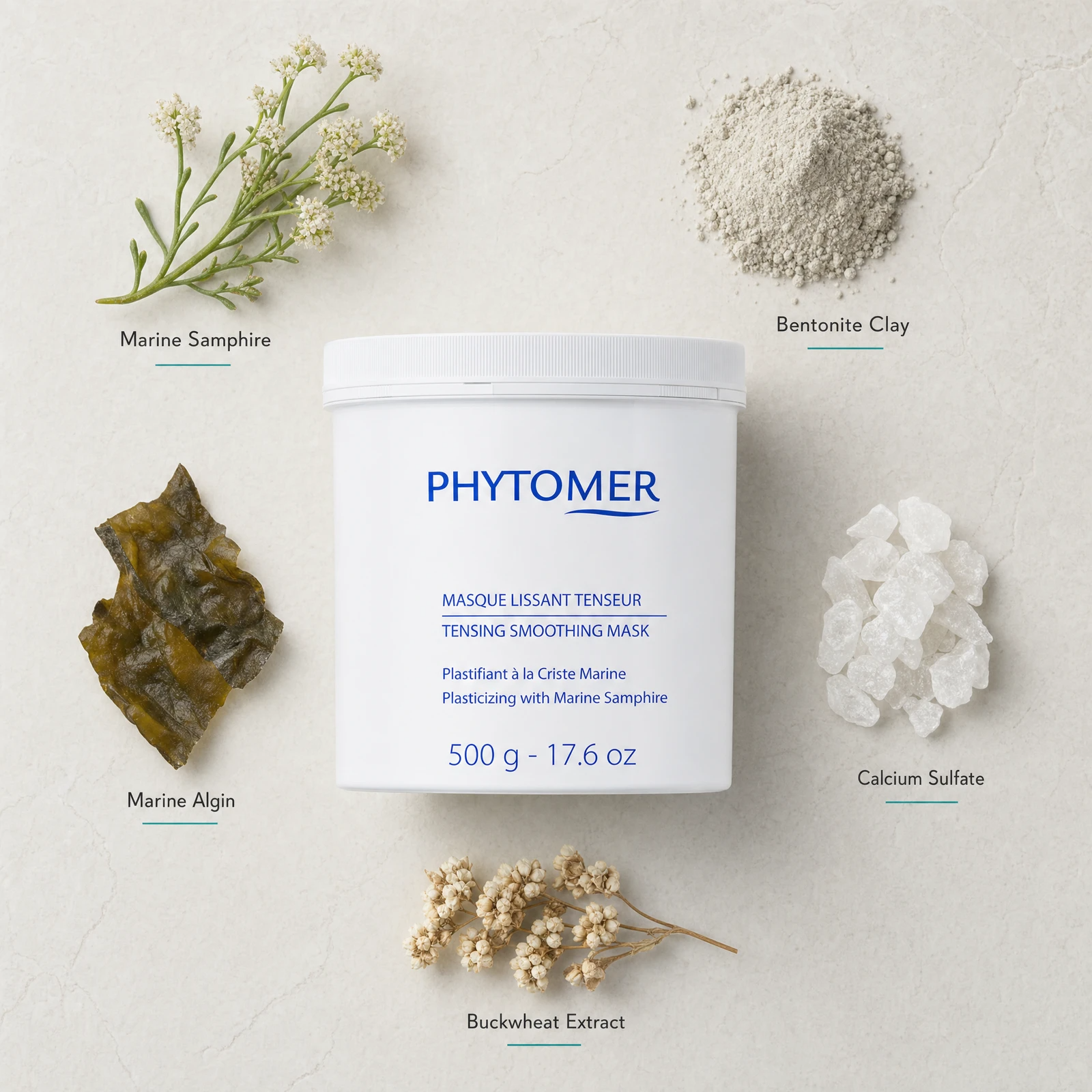 Phytomer Tensing Smoothing Mask 500g flatlay with key ingredients including Marine Samphire, Bentonite Clay, Marine Algin, Calcium Sulfate and Buckwheat Extract