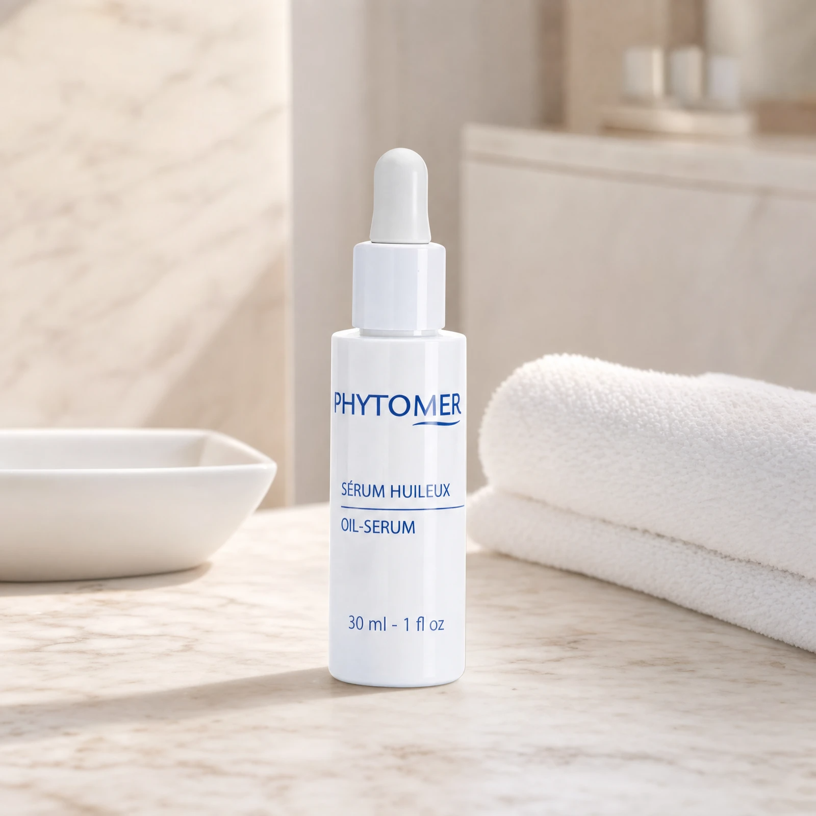 hytomer Tired Skin Oil-Serum 30ml dropper bottle on a premium beauty clinic marble counter with white spa towels and ceramic dish