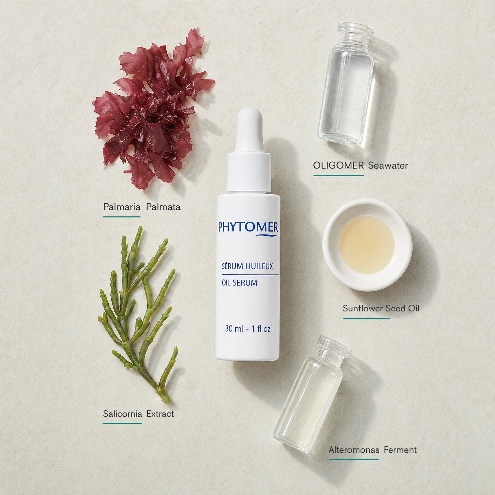 Phytomer Tired Skin Oil-Serum 30ml flatlay with key ingredients including Palmaria Palmata red algae, OLIGOMER Seawater, Salicornia Extract, Sunflower Seed Oil and Alteromonas Ferment