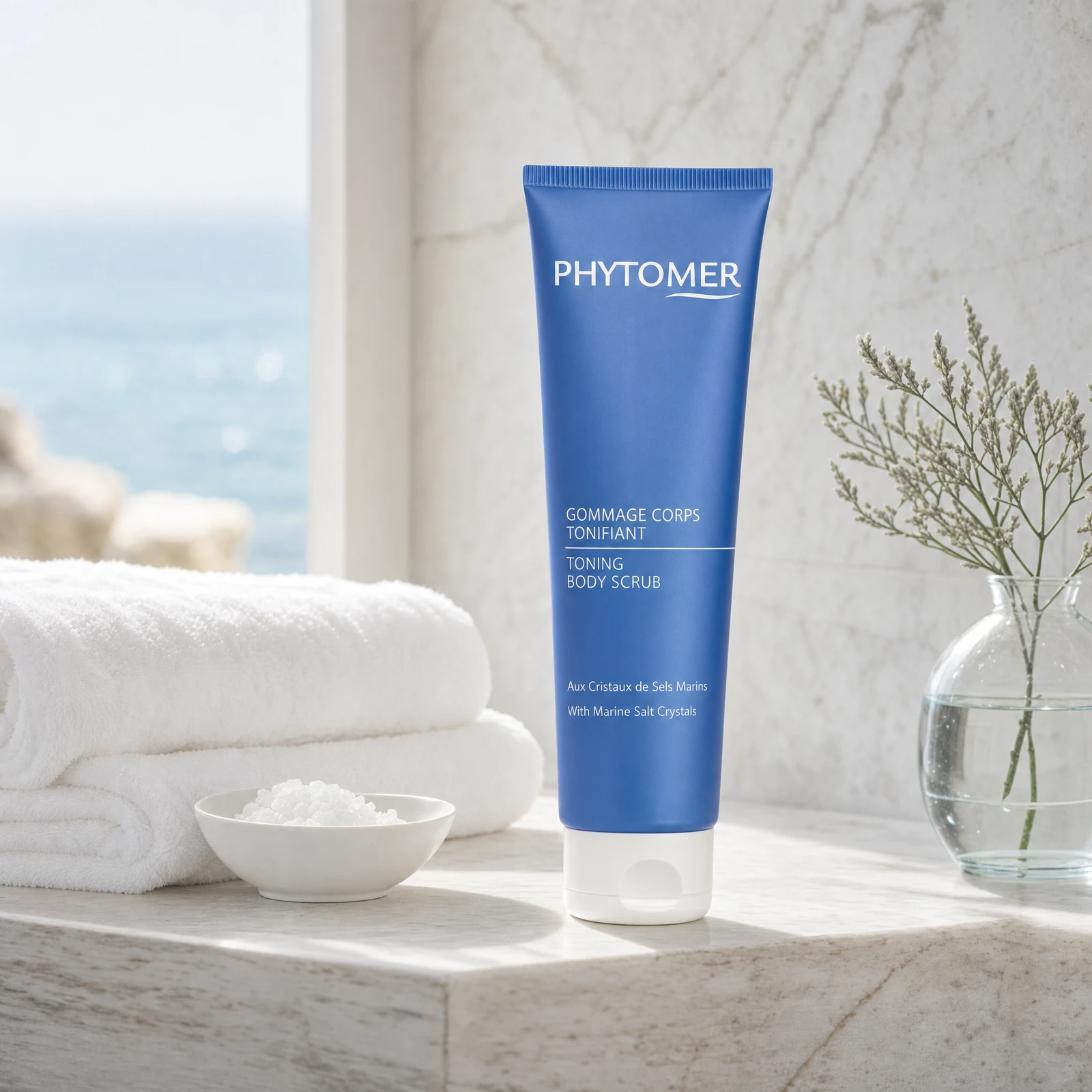 Phytomer Toning Body Scrub with Marine Salt Crystals 150ml on a marble bathroom ledge with white towels, sea salt bowl and glass vessel, premium at-home bathroom setting