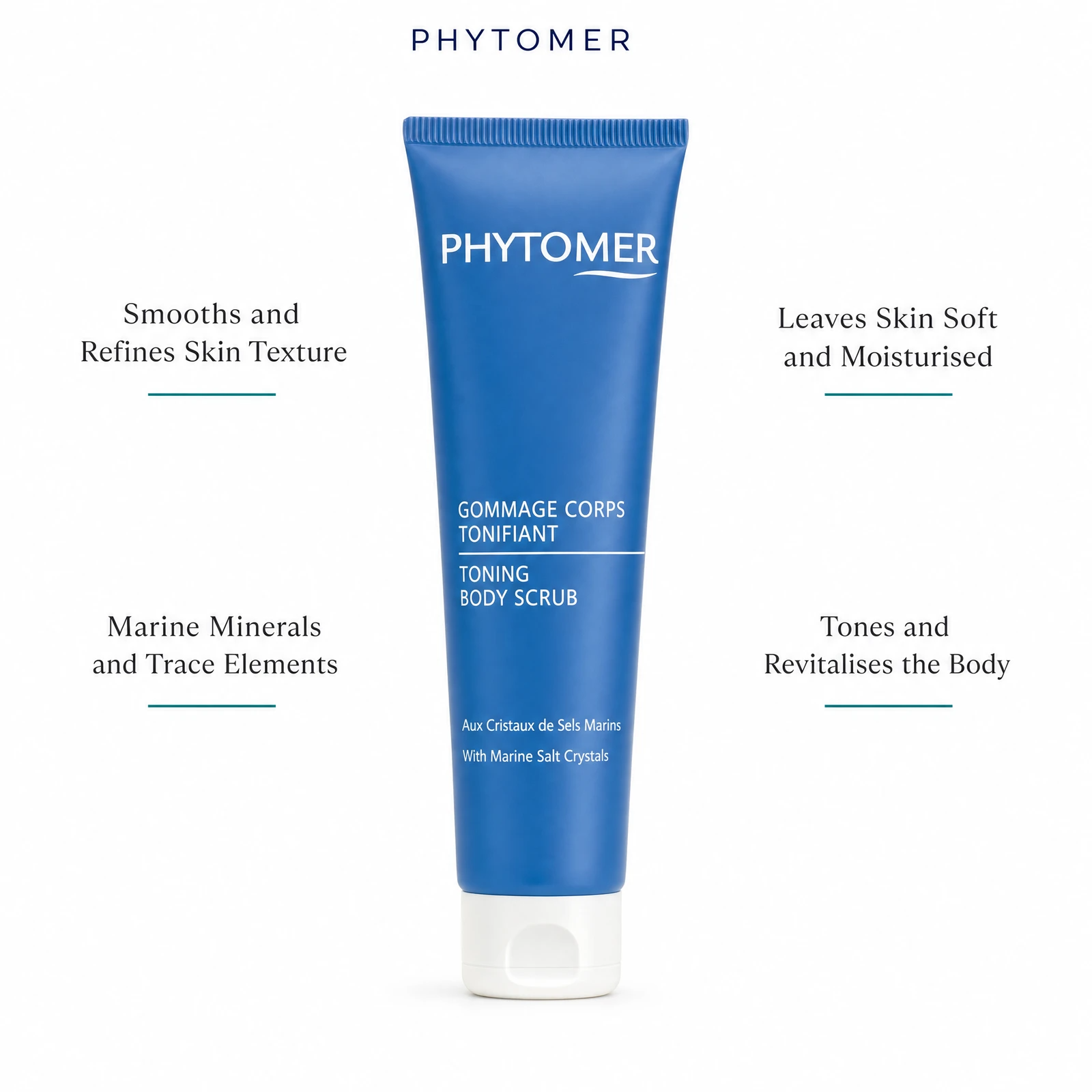 Phytomer Toning Body Scrub with Marine Salt Crystals 150ml with four benefit callouts: Smooths and Refines Skin Texture, Marine Minerals and Trace Elements, Leaves Skin Soft and Moisturised, Tones and Revitalises the Body