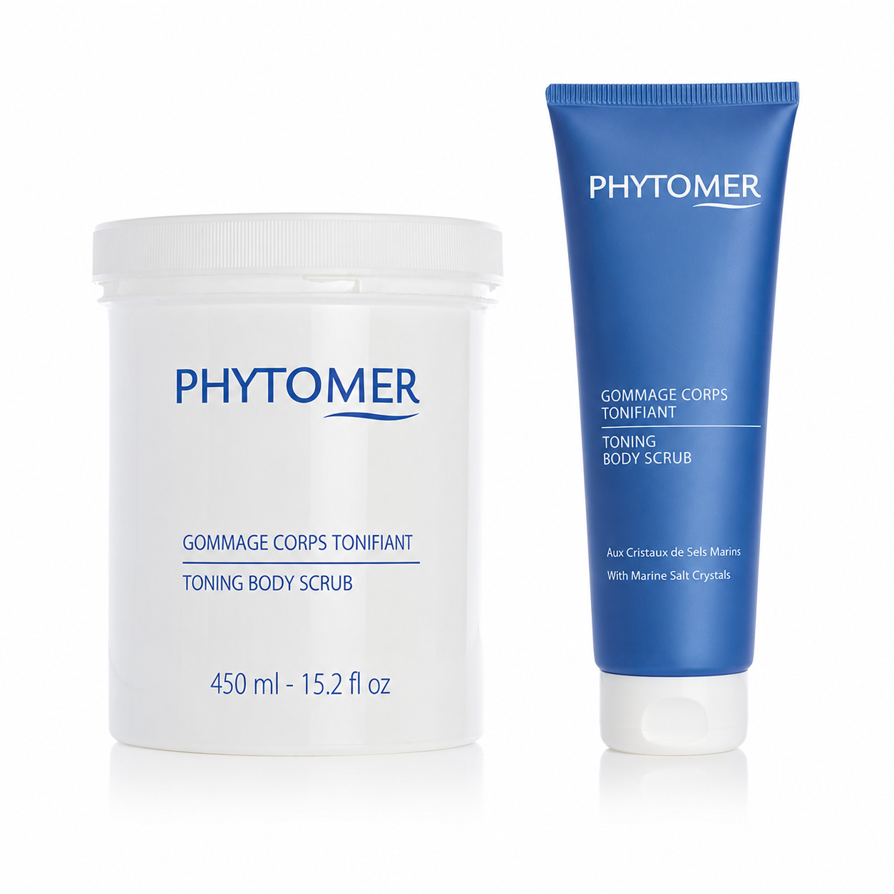 Phytomer Toning Body Scrub with Marine Crystals retail and professional size duo image.