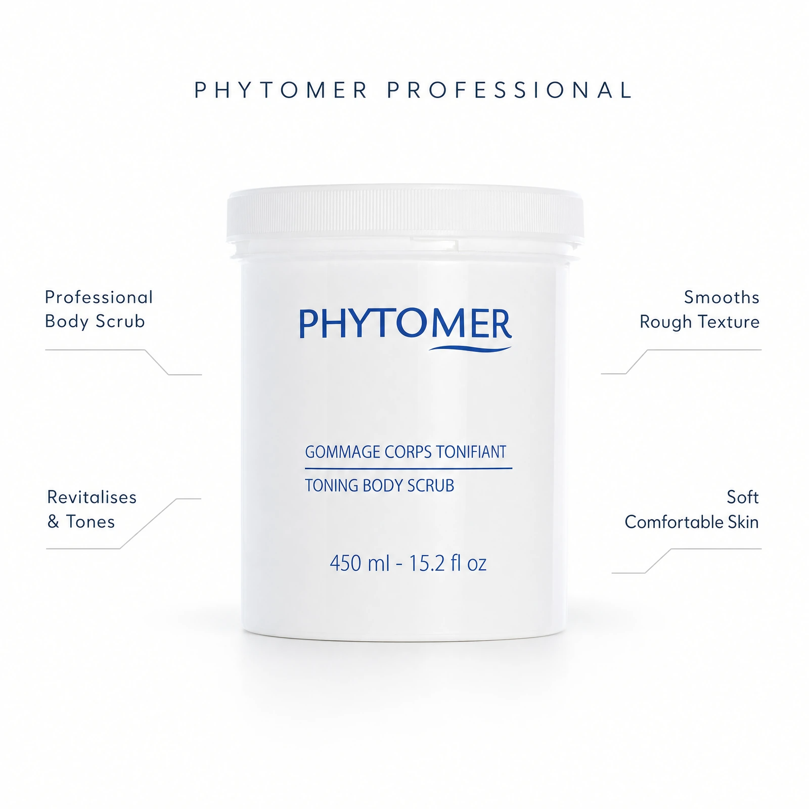 Phytomer Toning Body Scrub with Marine Salt Crystals 450ml professional body scrub benefit callout image for smoothing rough texture, revitalising and toning the skin.