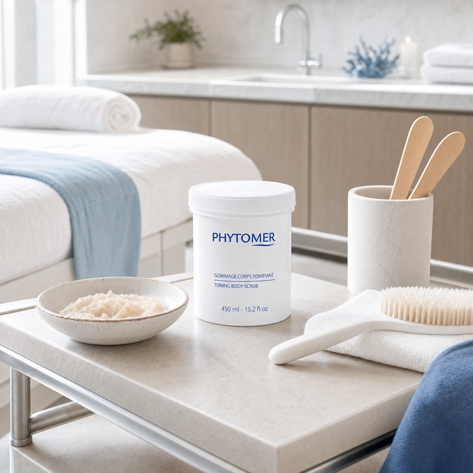 Phytomer Toning Body Scrub with Marine Salt Crystals 450ml displayed in a professional spa treatment room for salon and clinic body exfoliation treatments.