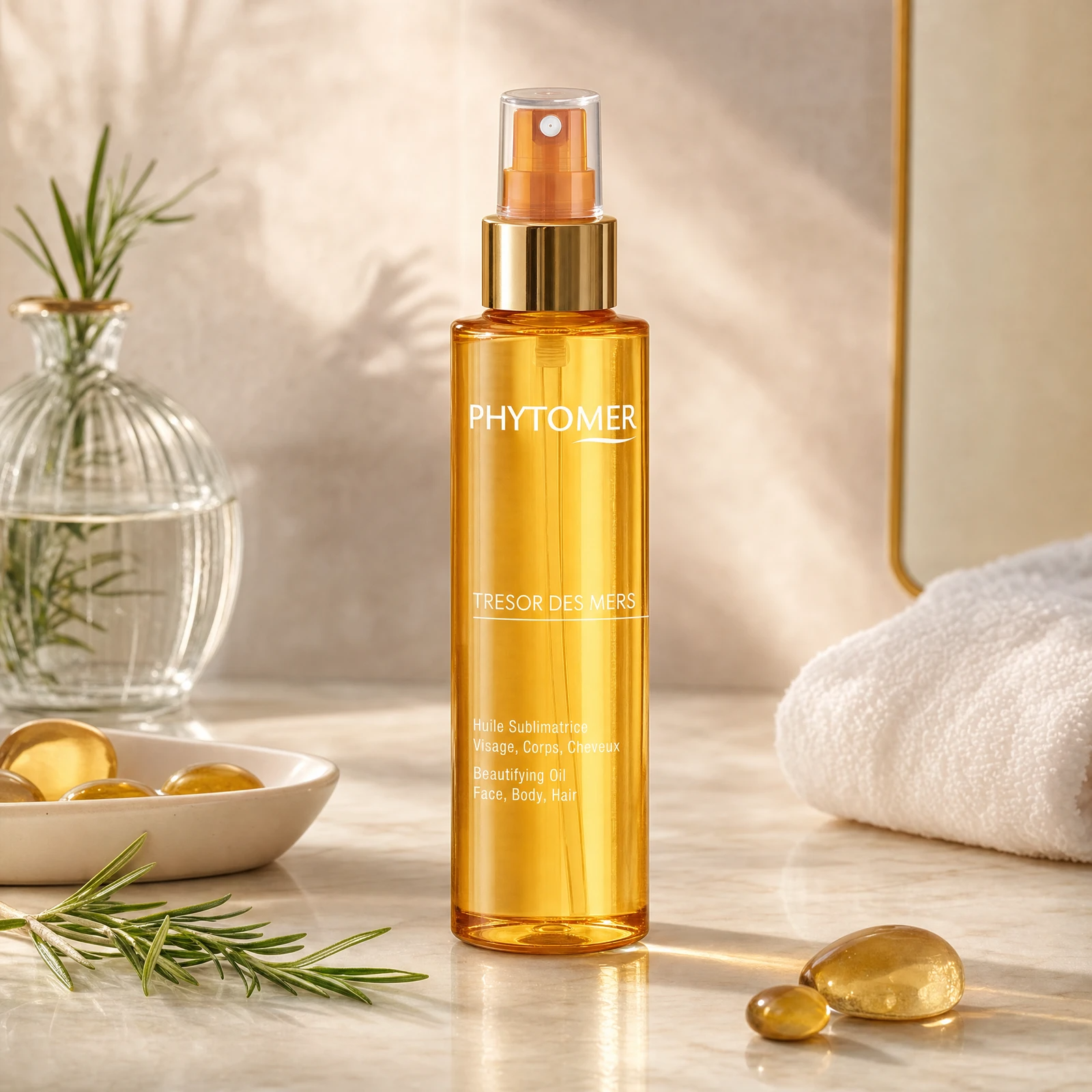 Phytomer Tresor des Mers Beautifying Oil 100ml on a marble bathroom vanity with golden pebbles, glass vessel, rosemary and white towel, premium at-home skincare setting