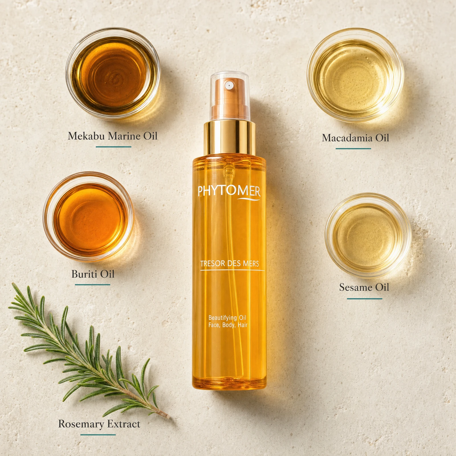 Phytomer Tresor des Mers Beautifying Oil 100ml flatlay on limestone surface with Mekabu Marine Oil, Macadamia Oil, Buriti Oil, Sesame Oil, and Rosemary Extract