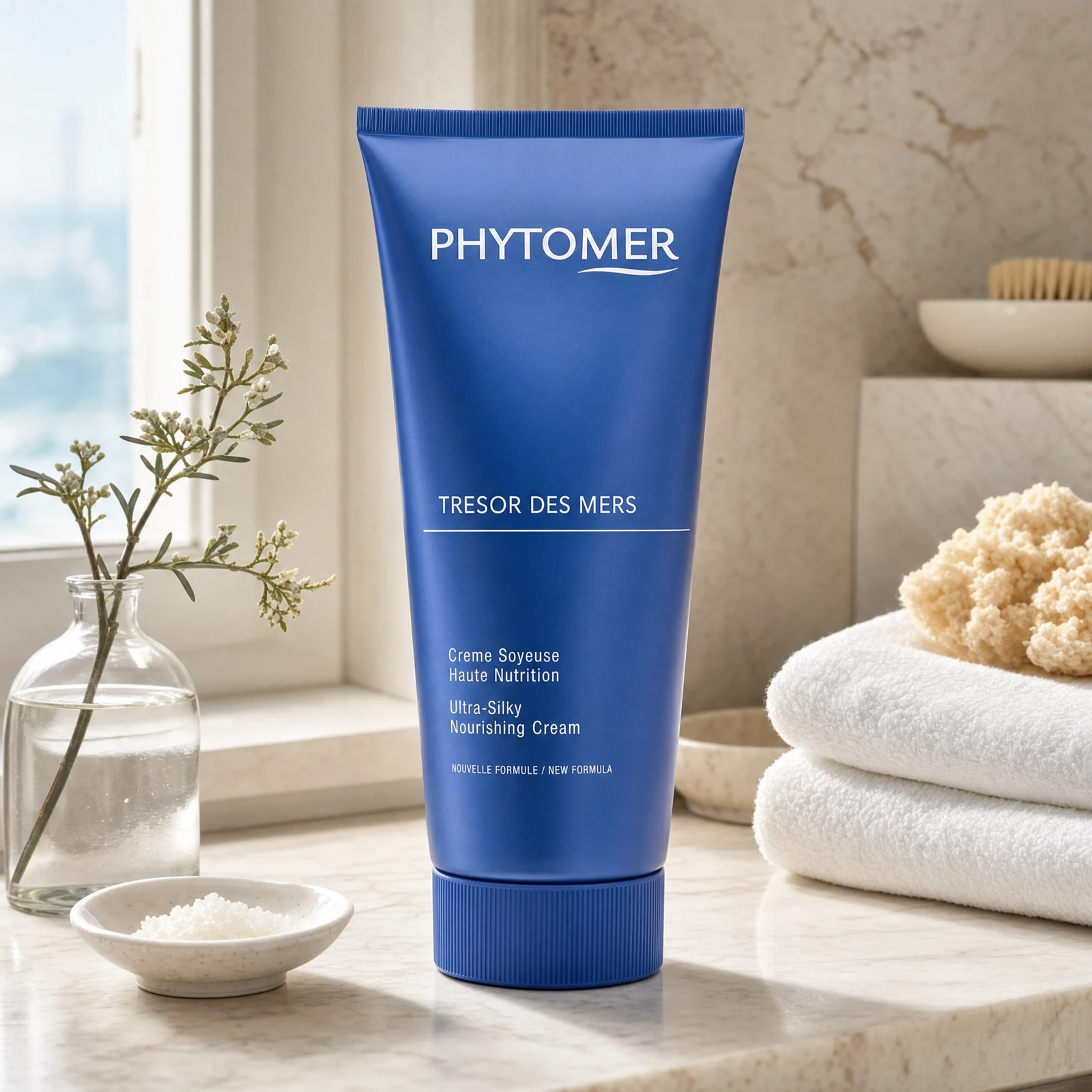 Phytomer Tresor des Mers Ultra-Silky Nourishing Cream 150ml on a marble bath ledge with coastal botanicals in glass vessel, sea salt dish and white towels, premium at-home bathroom setting