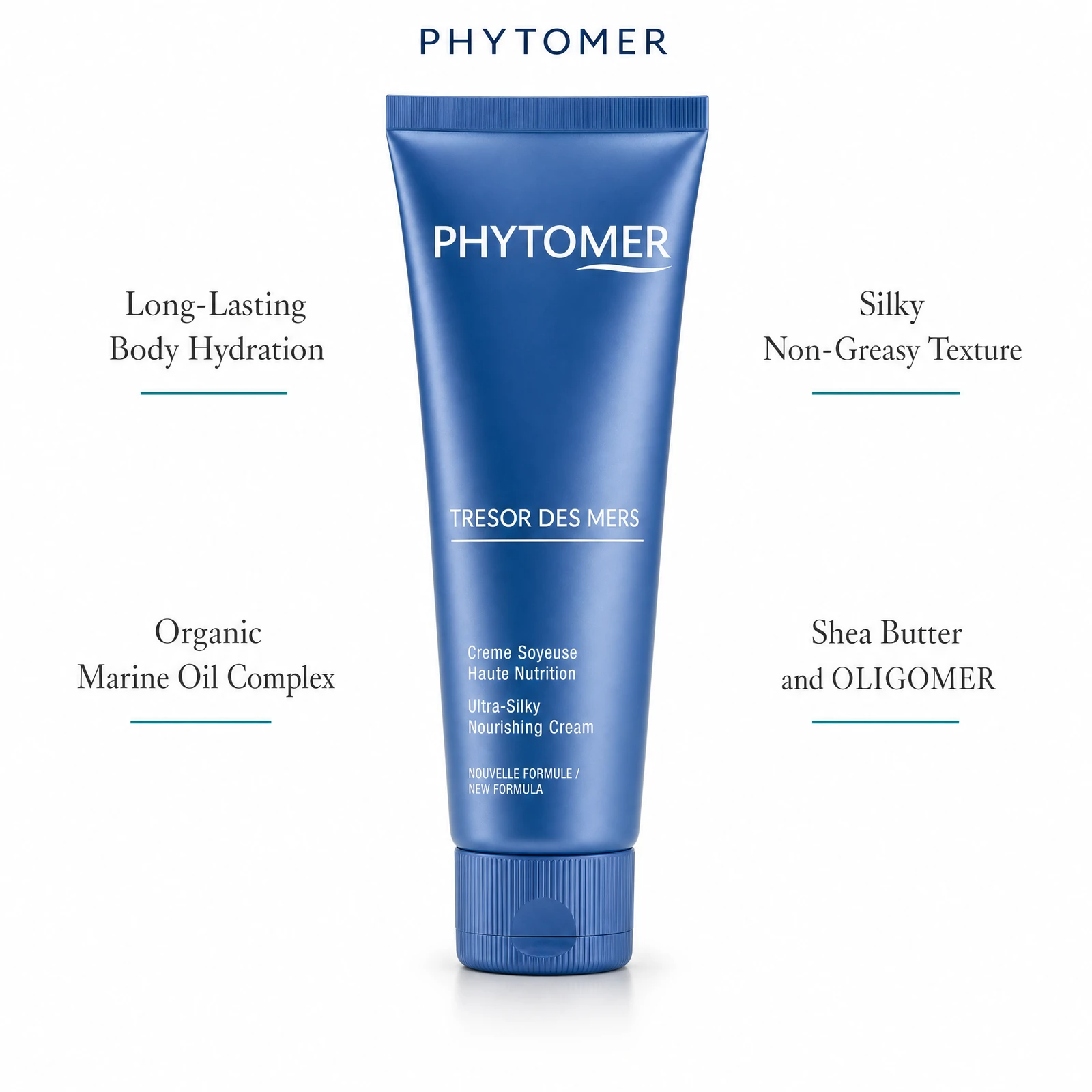 Phytomer Tresor des Mers Ultra-Silky Nourishing Cream 150ml with four benefit callouts: Long-Lasting Body Hydration, Organic Marine Oil Complex, Silky Non-Greasy Texture, Shea Butter and OLIGOMER