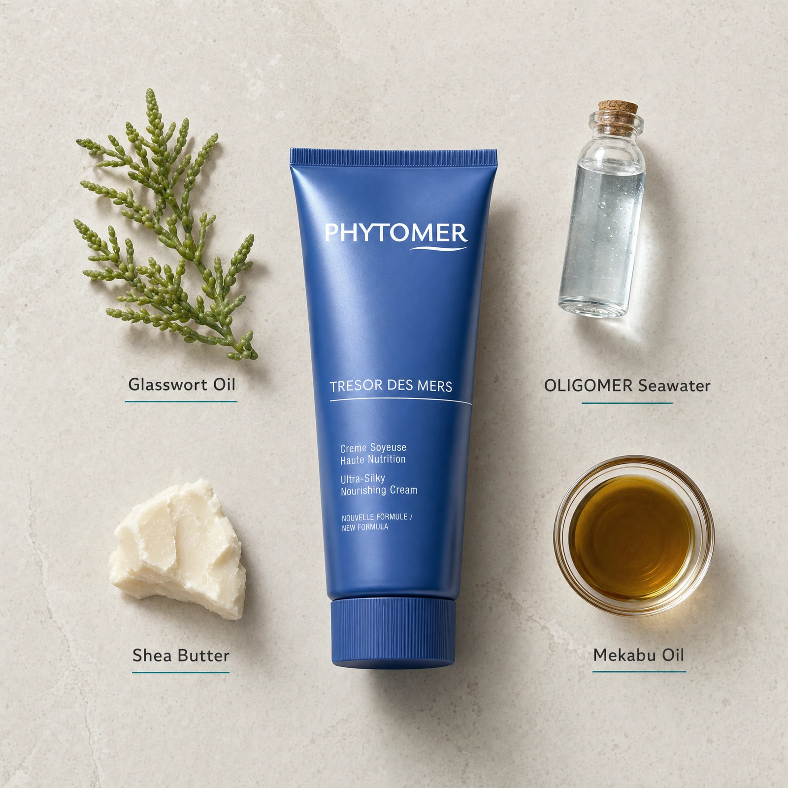 Phytomer Tresor des Mers Ultra-Silky Nourishing Cream 150ml flatlay on limestone surface with Glasswort Oil, OLIGOMER Seawater, Shea Butter, and Mekabu Oil