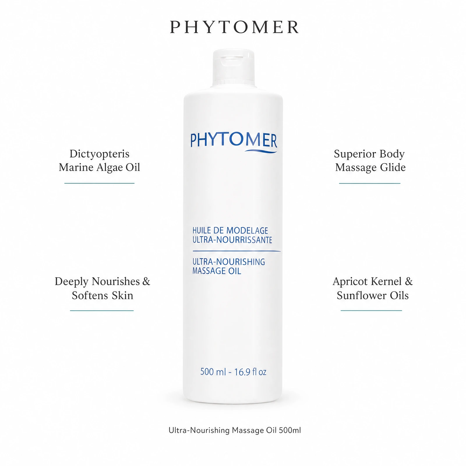 Phytomer Ultra-Nourishing Massage Oil 500ml with four professional benefit callouts: Dictyopteris Marine Algae Oil, Deeply Nourishes and Softens Skin, Superior Body Massage Glide, Apricot Kernel and Sunflower Oils