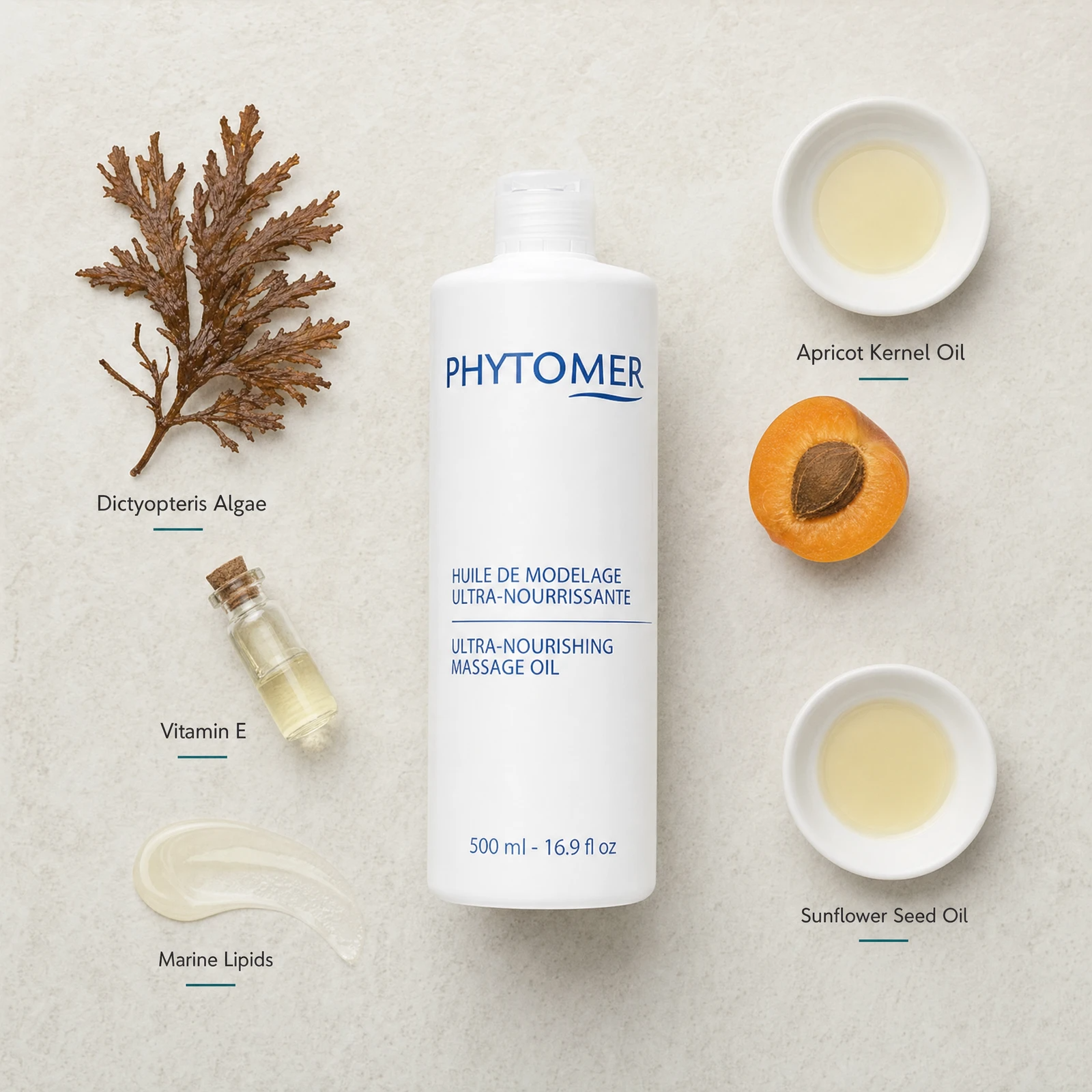 Phytomer Ultra-Nourishing Massage Oil 500ml flatlay with key ingredients including Dictyopteris Algae, Apricot Kernel Oil, Sunflower Seed Oil, Vitamin E and Marine Lipids