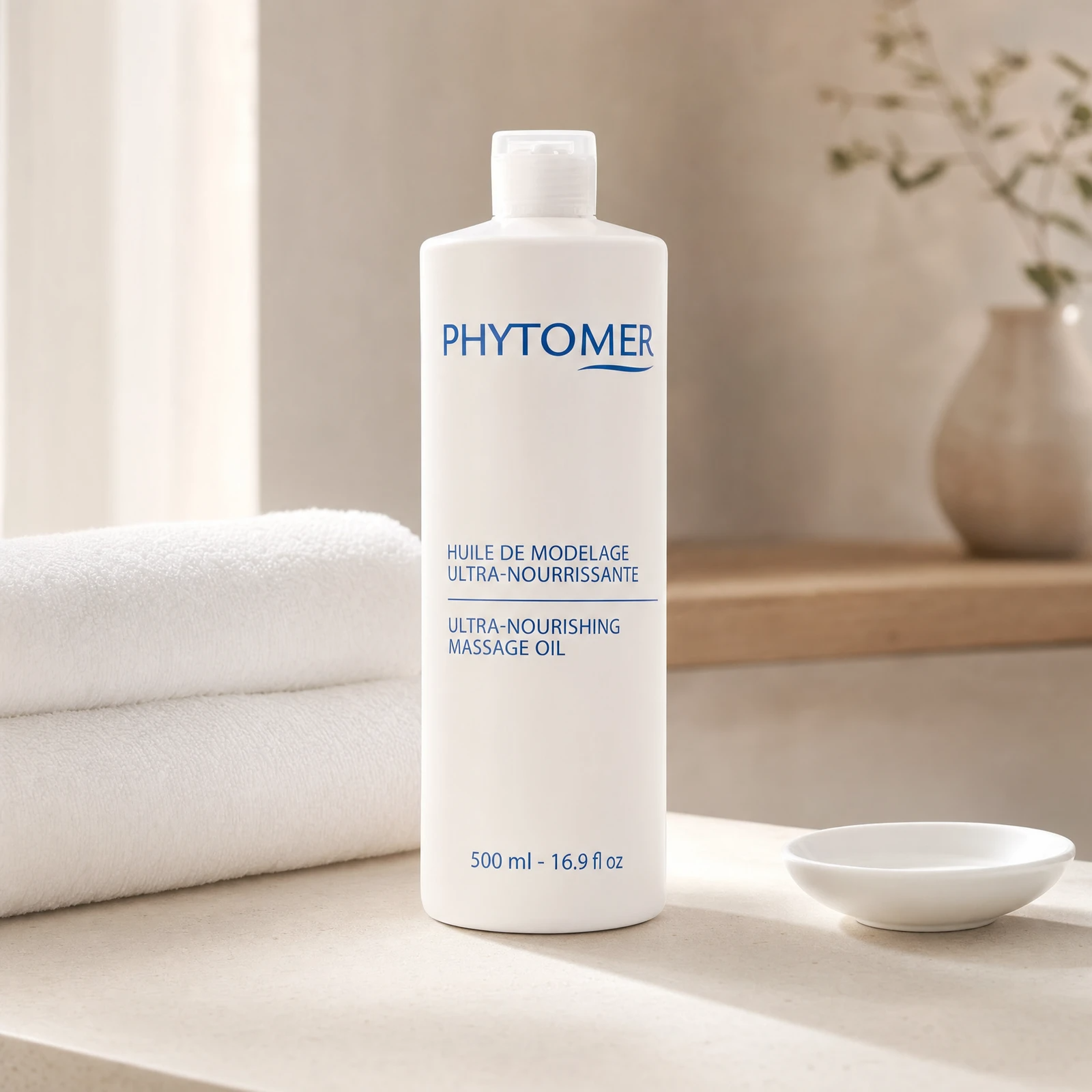 Phytomer Ultra-Nourishing Massage Oil 500ml professional pump bottle on a premium spa body massage treatment stone counter with white towels and ceramic dish