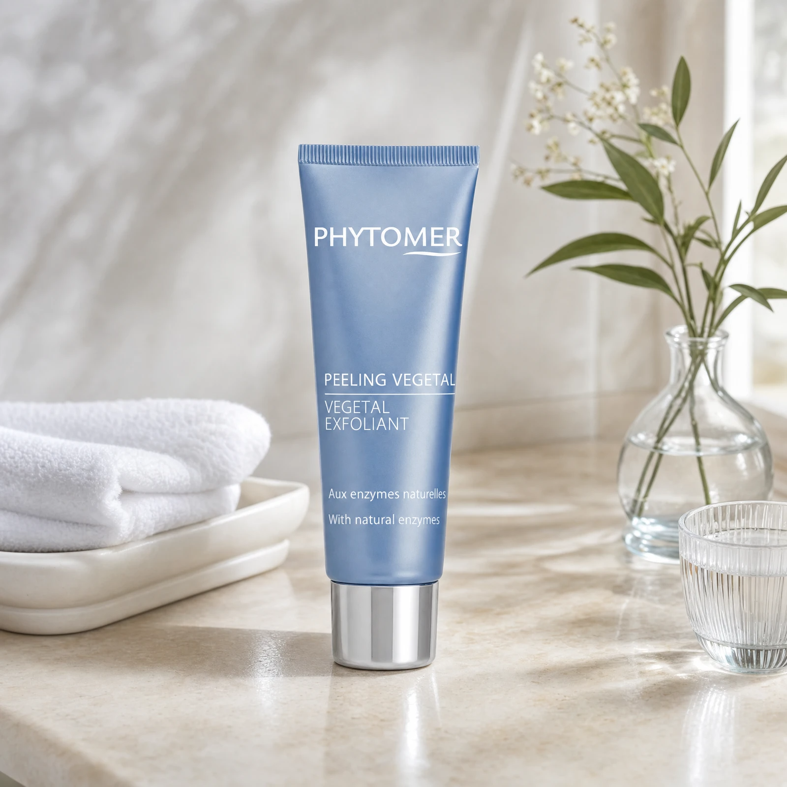 Phytomer Vegetal Exfoliant with Natural Enzymes 50ml on a marble bathroom vanity with botanical, glass vessel, white towels and ceramic tray, premium at-home skincare setting