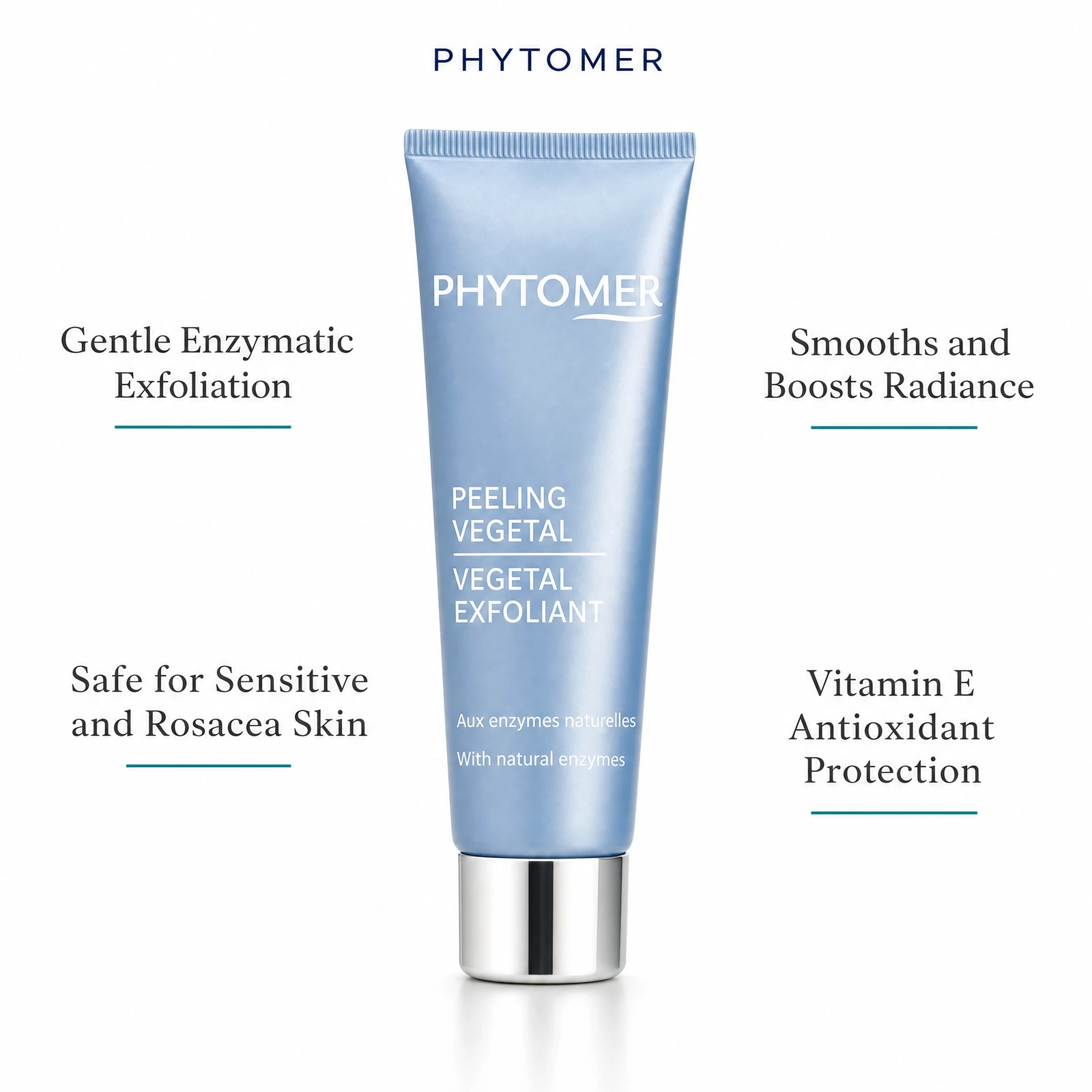 Phytomer Vegetal Exfoliant with Natural Enzymes 50ml with four benefit callouts: Gentle Enzymatic Exfoliation, Safe for Sensitive and Rosacea Skin, Smooths and Boosts Radiance, Vitamin E Antioxidant Protection