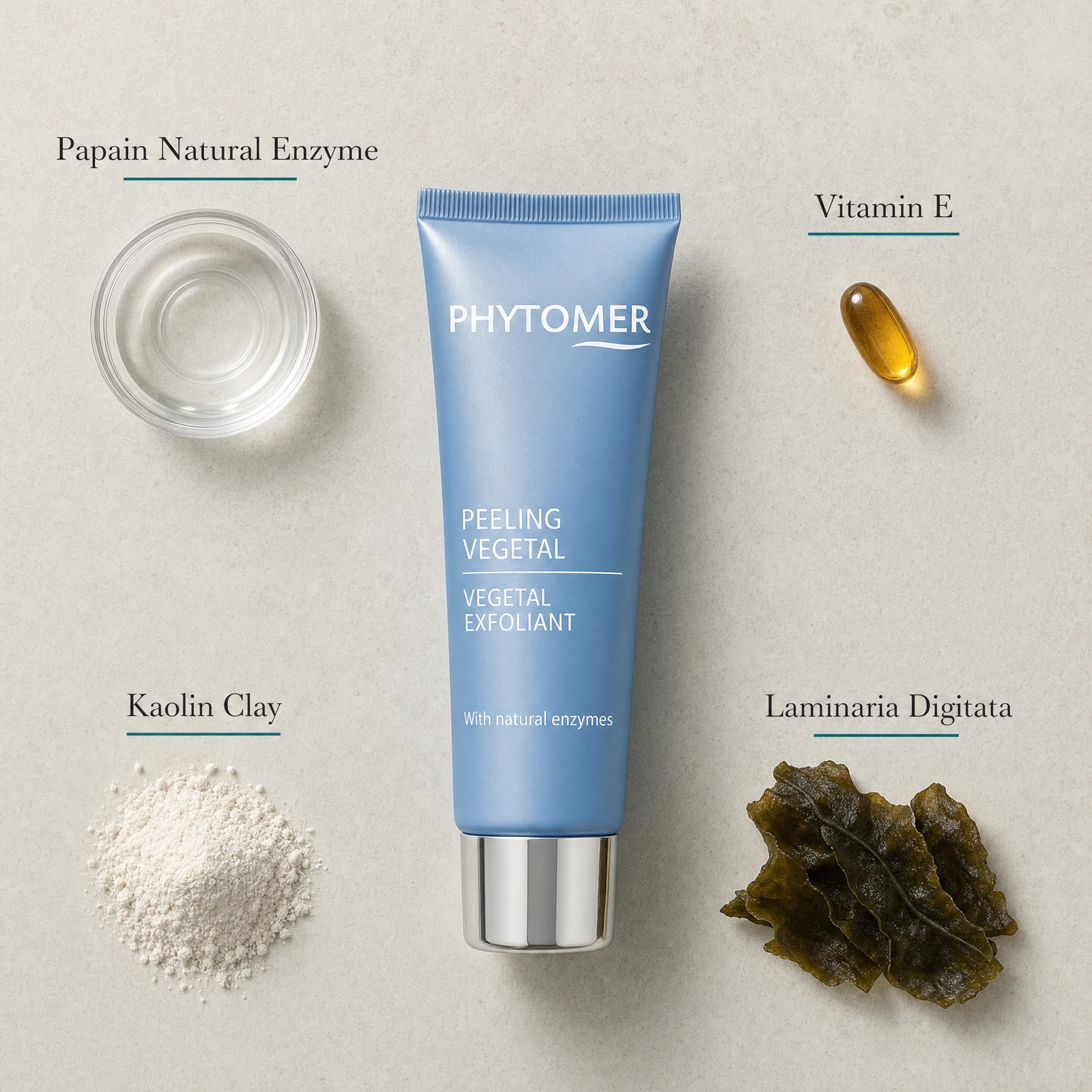 Phytomer Vegetal Exfoliant with Natural Enzymes 50ml flatlay on limestone surface with Papain Natural Enzyme, Vitamin E, Kaolin Clay, and Laminaria Digitata