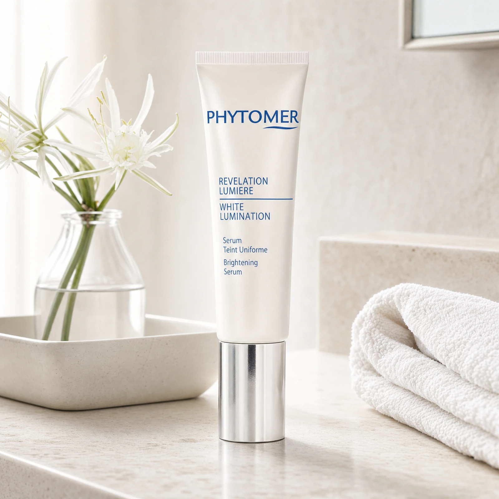 Phytomer White Lumination Brightening Serum 30ml on a marble bathroom vanity with sea daffodil flower, glass vessel, ceramic tray and white towels, premium at-home skincare setting