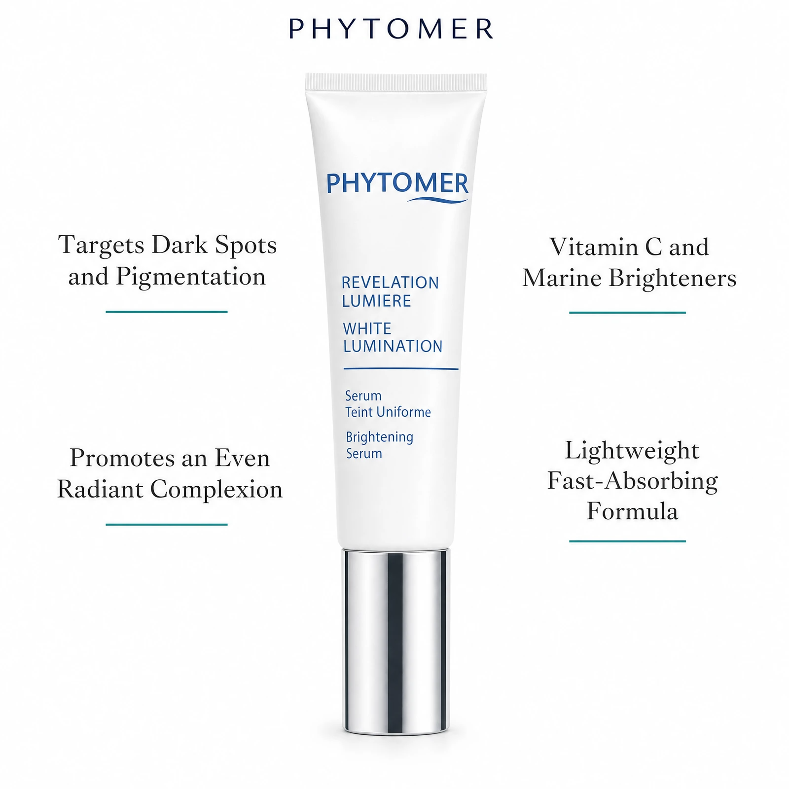 Phytomer White Lumination Brightening Serum 30ml with four benefit callouts: Targets Dark Spots and Pigmentation, Promotes an Even Radiant Complexion, Vitamin C and Marine Brighteners, Lightweight Fast-Absorbing Formula