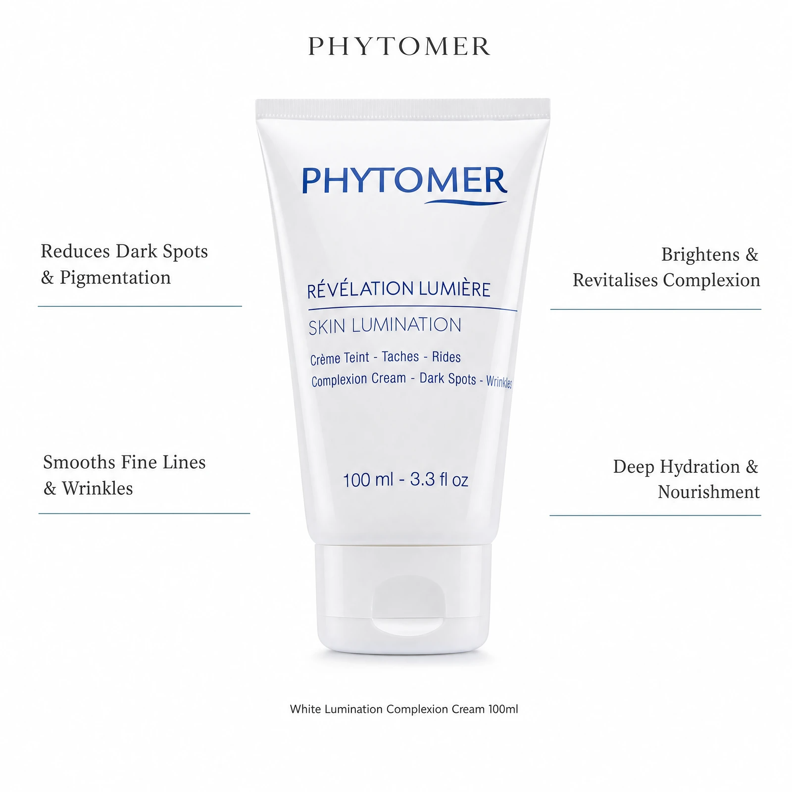 Phytomer White Lumination Complexion Cream 100ml with four professional benefit callouts: Reduces Dark Spots and Pigmentation, Smooths Fine Lines and Wrinkles, Brightens and Revitalises Complexion, Deep Hydration and Nourishment