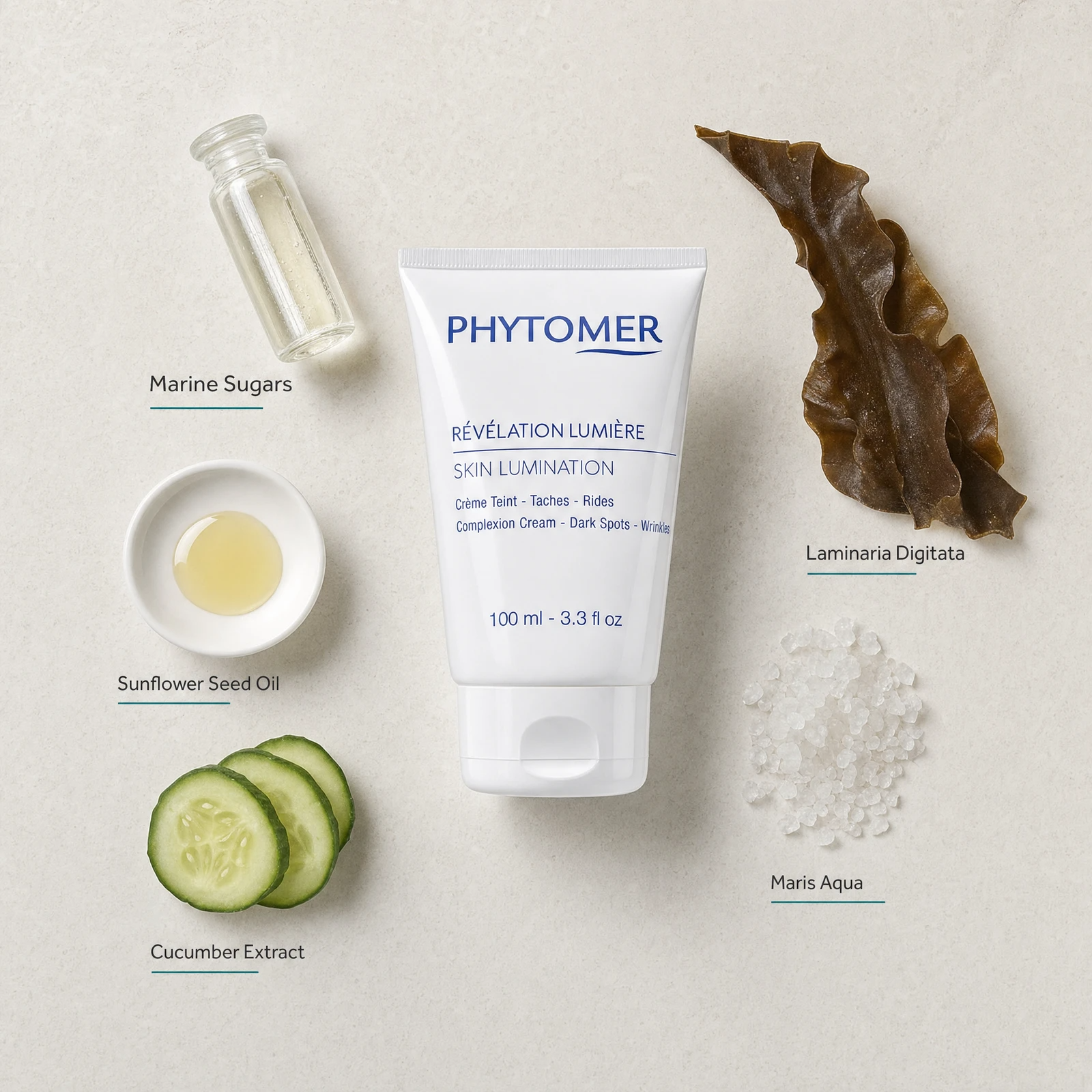 Phytomer White Lumination Complexion Cream 100ml flatlay with key ingredients including Marine Sugars, Laminaria Digitata, Sunflower Seed Oil, Cucumber Extract and Maris Aqua sea water