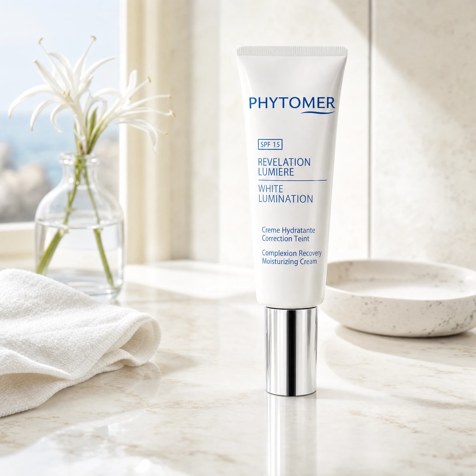 Phytomer White Lumination Complexion Recovery Moisturizing Cream SPF15 50ml on a marble bathroom vanity with sea daffodil flower, glass vessel, white towels and ceramic dish, premium at-home skincare setting