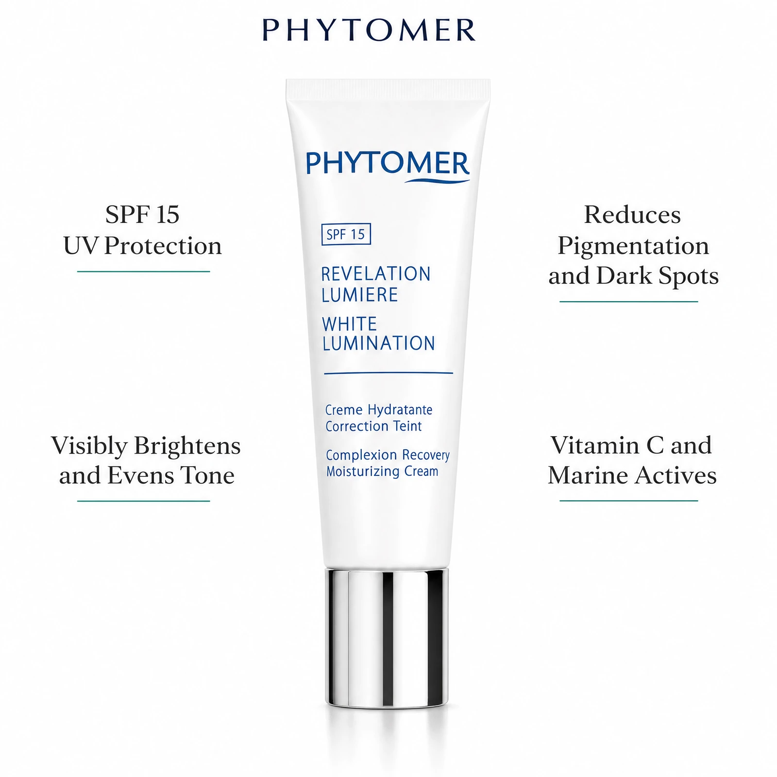 Phytomer White Lumination Complexion Recovery Moisturizing Cream SPF15 50ml with four benefit callouts: SPF 15 UV Protection, Visibly Brightens and Evens Tone, Reduces Pigmentation and Dark Spots, Vitamin C and Marine Actives