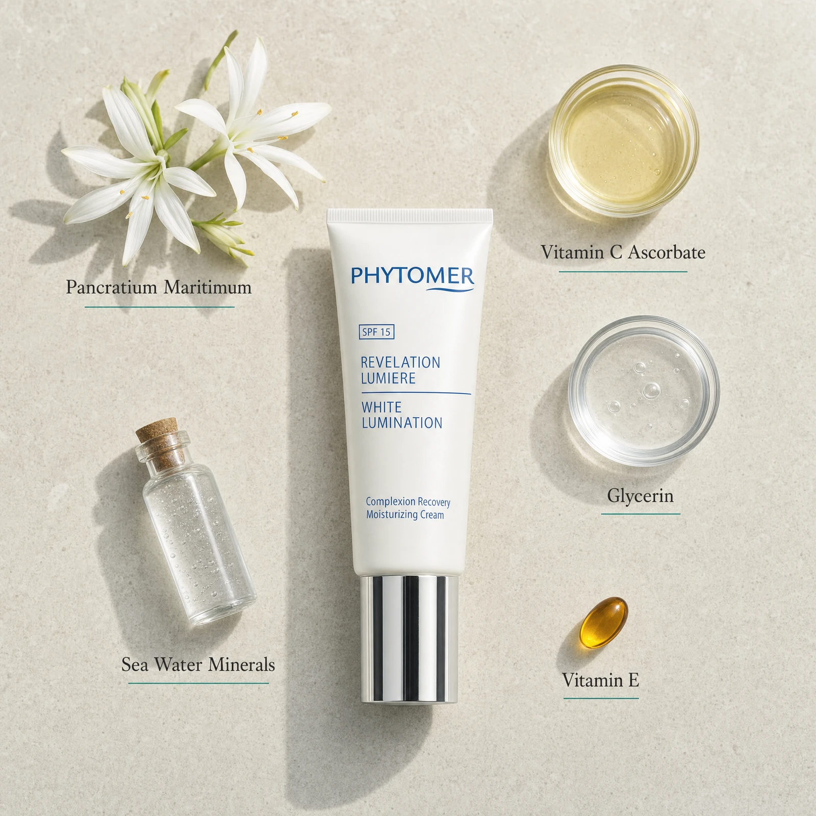 Phytomer White Lumination Complexion Recovery Moisturizing Cream SPF15 50ml flatlay on limestone surface with Pancratium Maritimum, Vitamin C Ascorbate, Glycerin, Sea Water Minerals, and Vitamin E