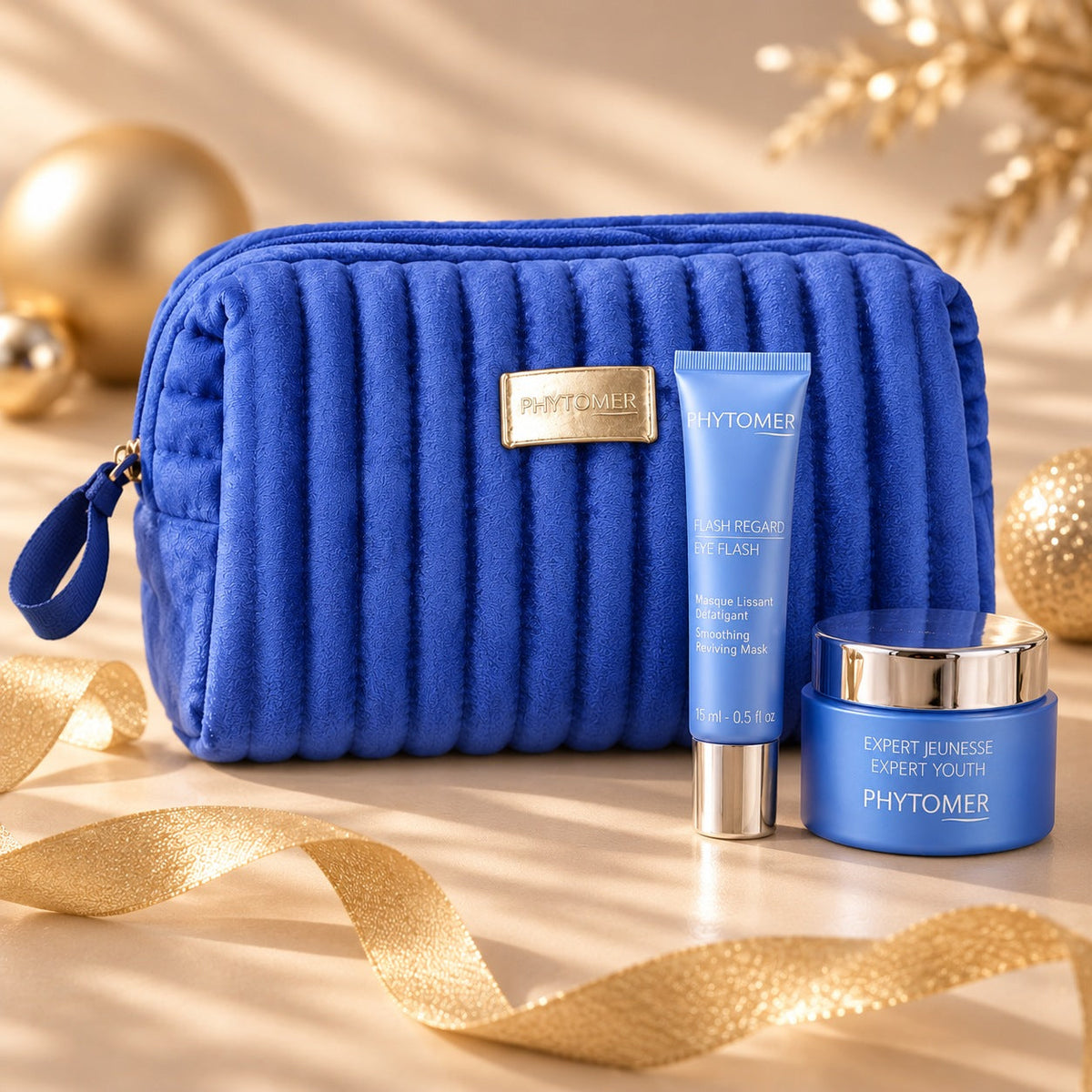 PHYTOMER Youth & Wrinkles Gift Set with blue cosmetics bag, Expert Youth cream, Eye Flash and muted gold ribbon