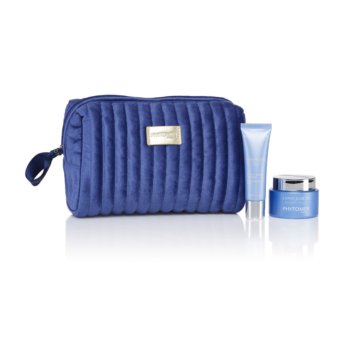 Phytomer Youth and Wrinkles Gift Set with Expert Youth cream, Eye Flash Smoothing Reviving Mask and a blue cosmetics pouch.