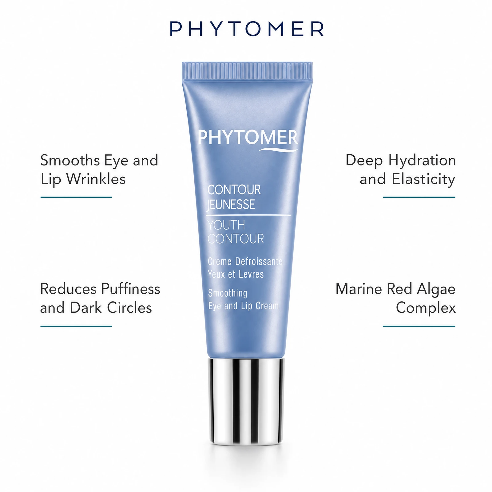 Phytomer Youth Contour Smoothing Eye and Lip Cream with four benefit callouts: Smooths Eye and Lip Wrinkles, Reduces Puffiness and Dark Circles, Deep Hydration and Elasticity, Marine Red Algae Complex