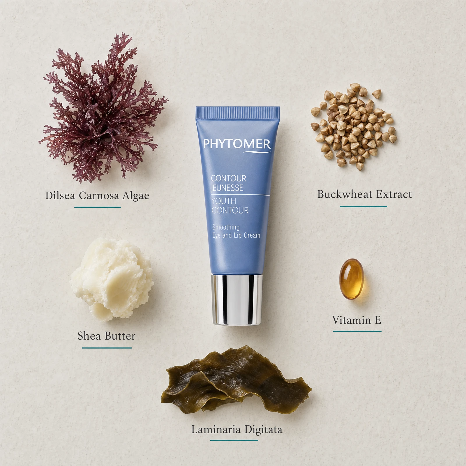 Phytomer Youth Contour Smoothing Eye and Lip Cream flatlay on limestone surface with Dilsea Carnosa Algae, Buckwheat Extract, Shea Butter, Vitamin E, and Laminaria Digitata