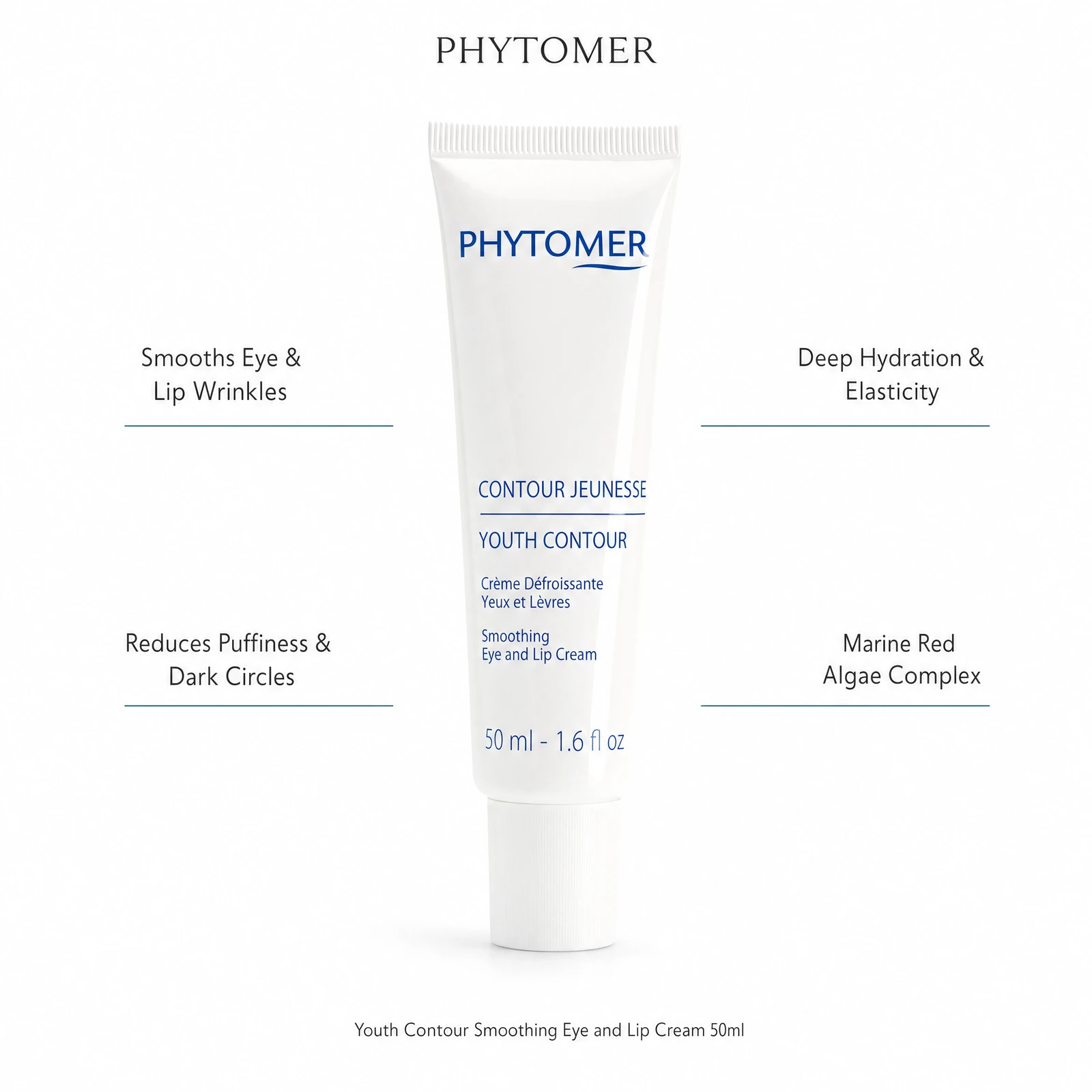 Phytomer Youth Contour Smoothing Eye and Lip Cream 50ml with four professional benefit callouts: Smooths Eye and Lip Wrinkles, Reduces Puffiness and Dark Circles, Deep Hydration and Elasticity, Marine Red Algae Complex