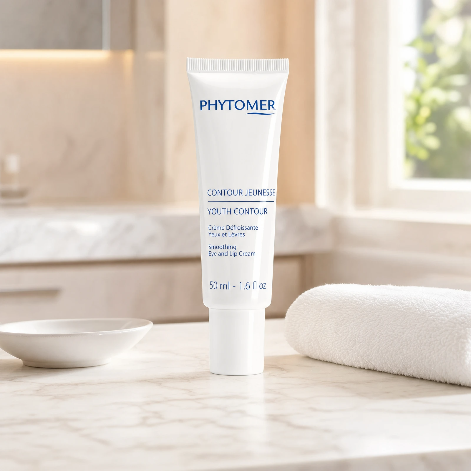 Phytomer Youth Contour Smoothing Eye and Lip Cream 50ml professional tube on a premium beauty clinic marble counter with white spa towels and ceramic dish
