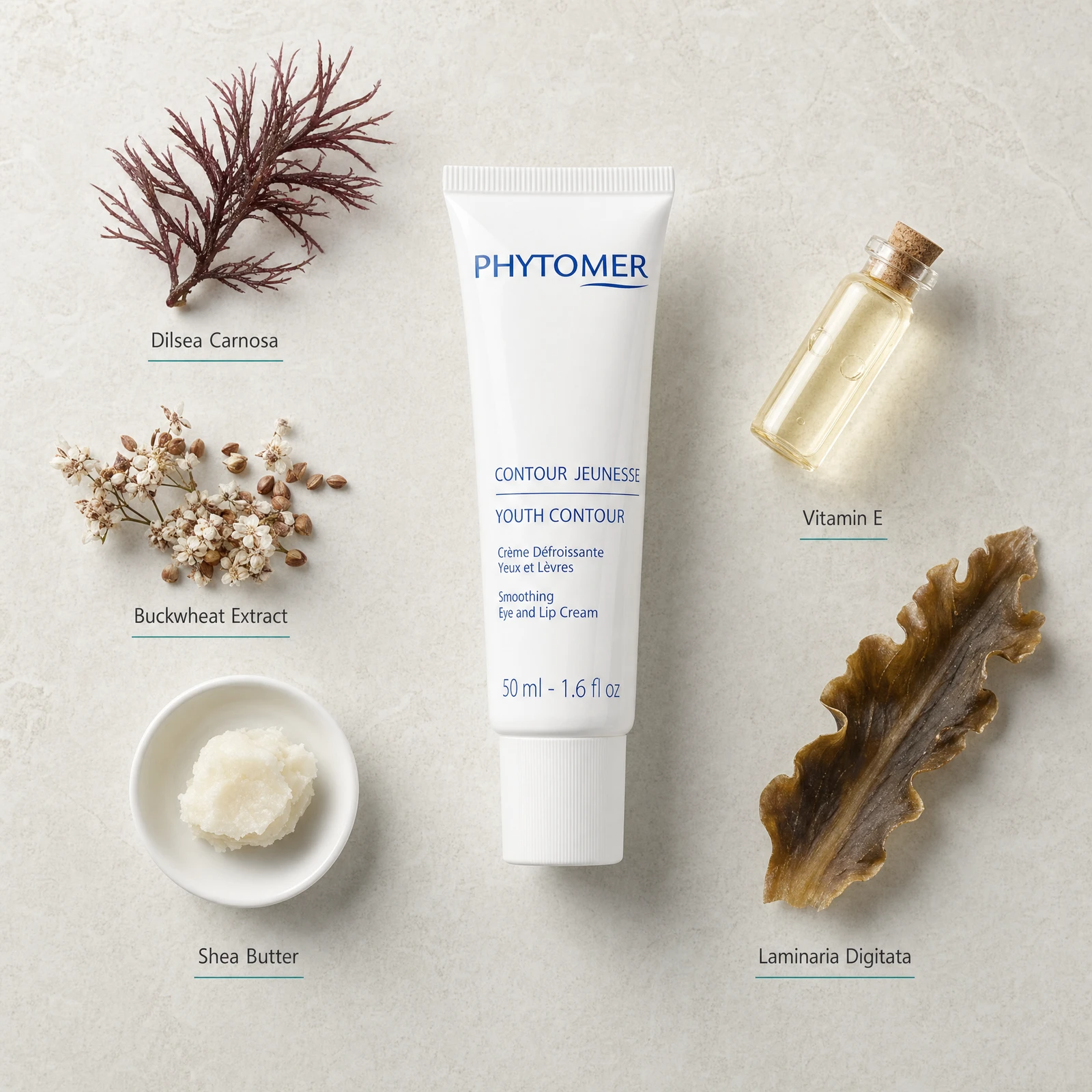 Phytomer Youth Contour Smoothing Eye and Lip Cream 50ml flatlay with key ingredients including Dilsea Carnosa red algae, Buckwheat Extract, Shea Butter, Vitamin E and Laminaria Digitata