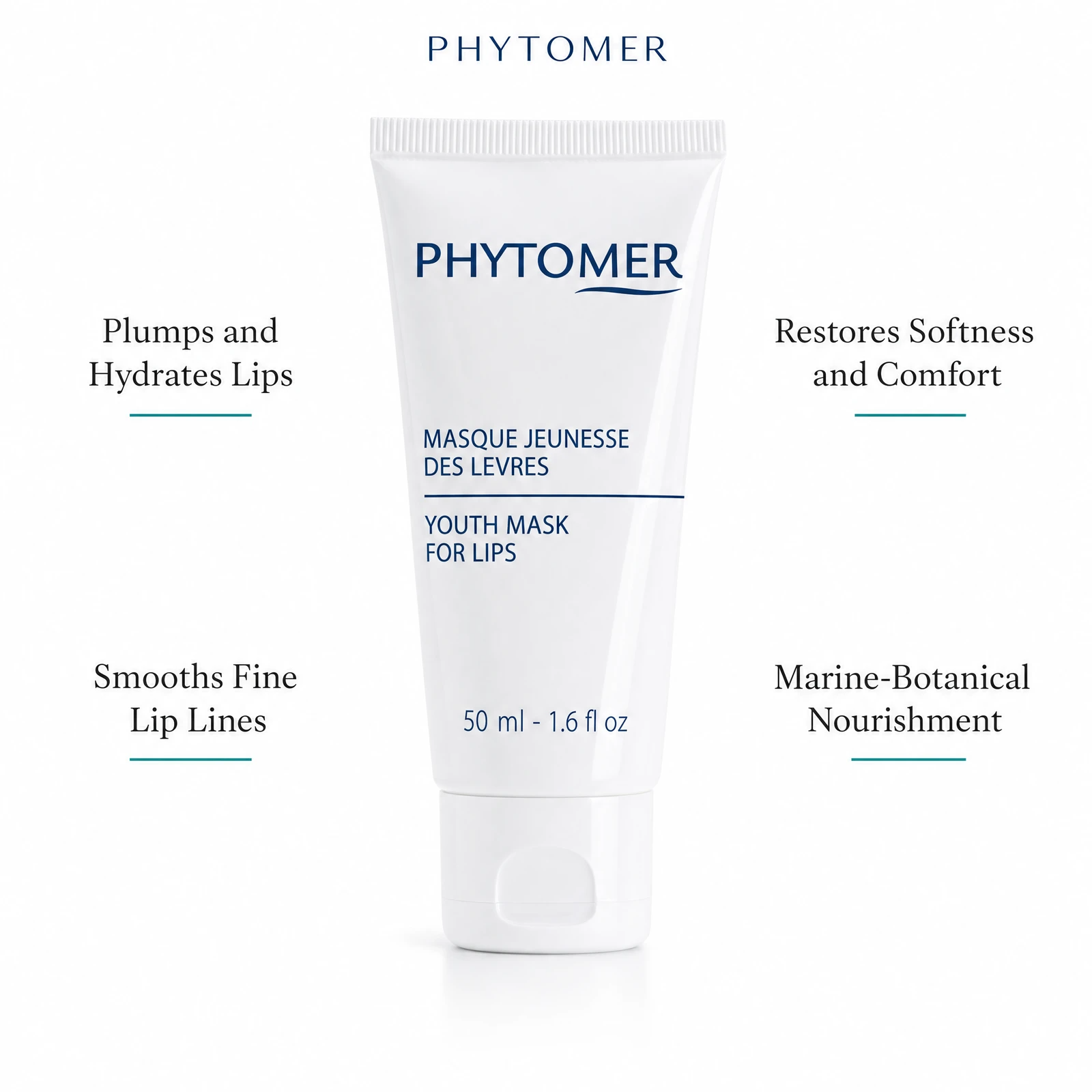 Phytomer Youth Mask for Lips 50ml with four benefit callouts: Plumps and Hydrates Lips, Smooths Fine Lip Lines, Restores Softness and Comfort, Marine-Botanical Nourishment