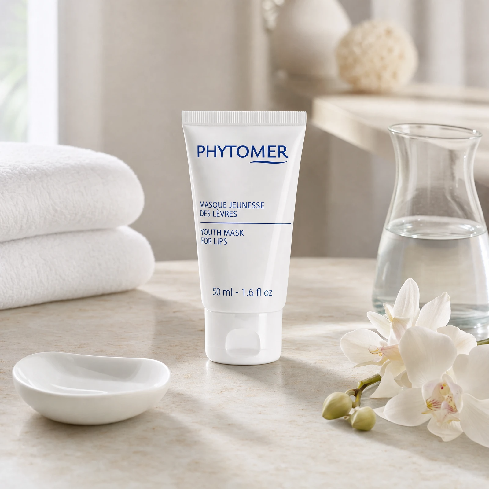 Phytomer Youth Mask for Lips 50ml on a marble spa treatment counter with white towels, ceramic dish, glass vessel and orchid, professional clinic setting
