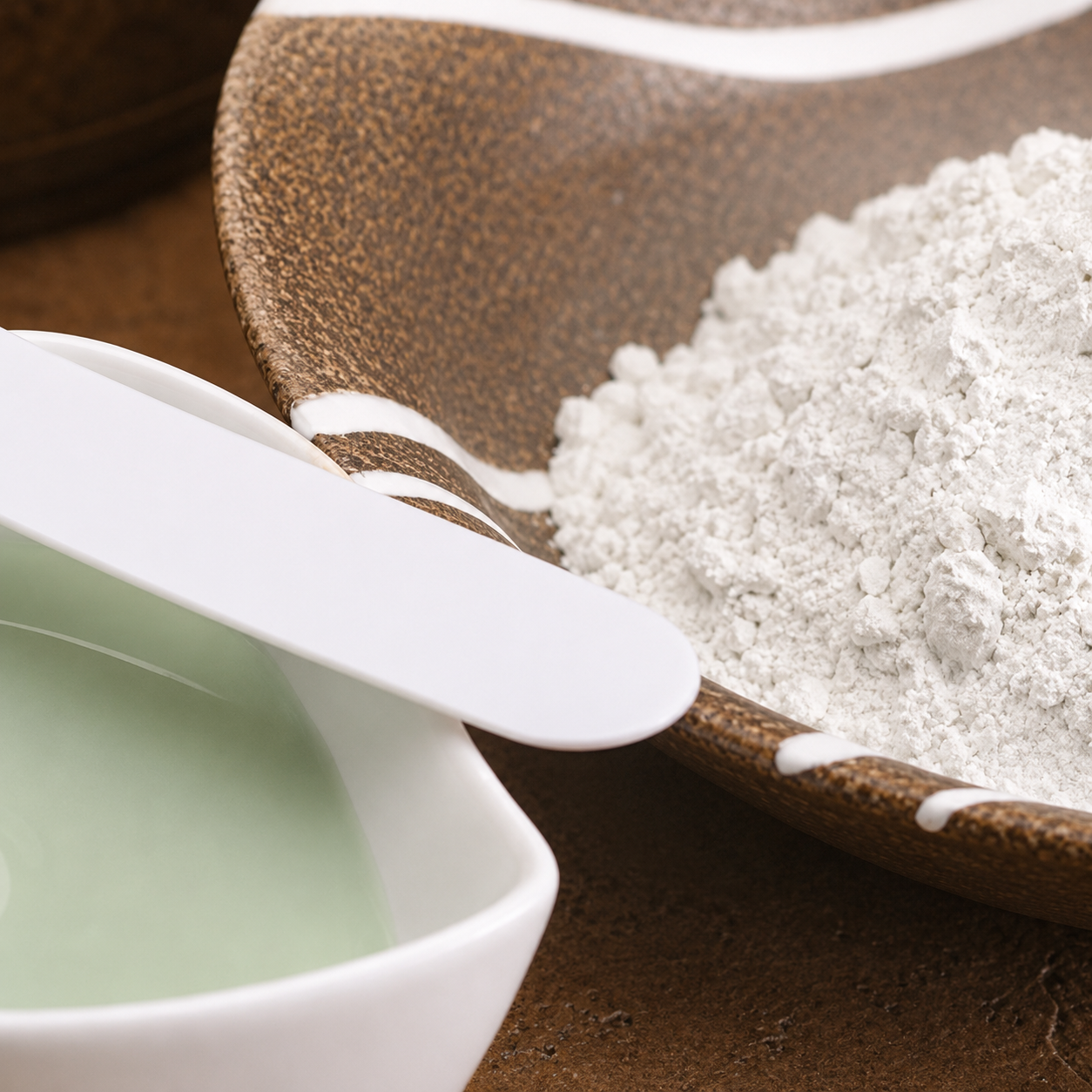 Plantomer facial mask treatment powder with a mixing scoop beside a bowl, showing the professional spa mask texture for skincare treatments.
