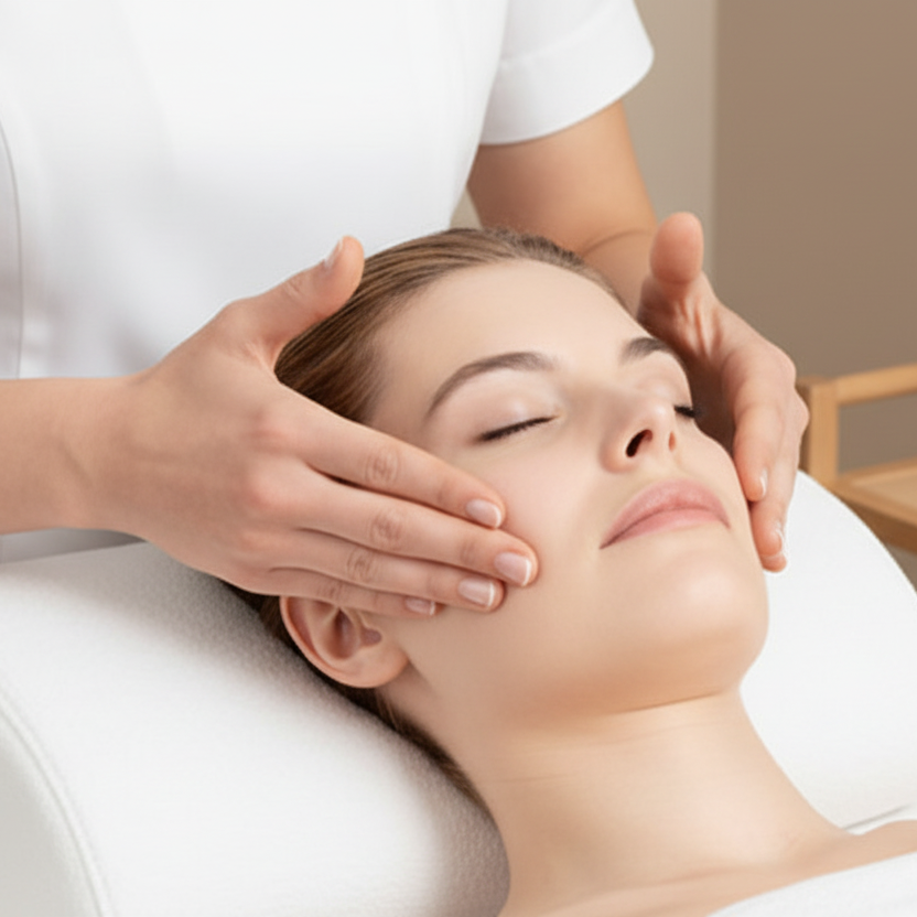 Woman receiving a facial massage in a spa setting