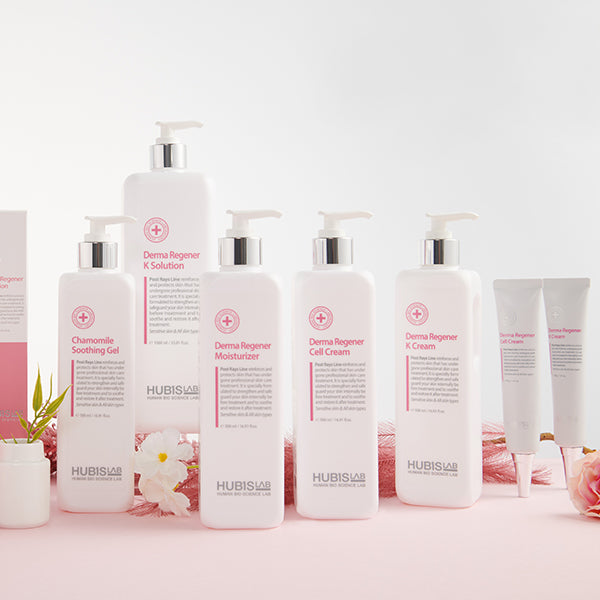 Post Rays Derma Regener K Cream by HUBISLAB Row of skincare products with visible branding on a light pink background