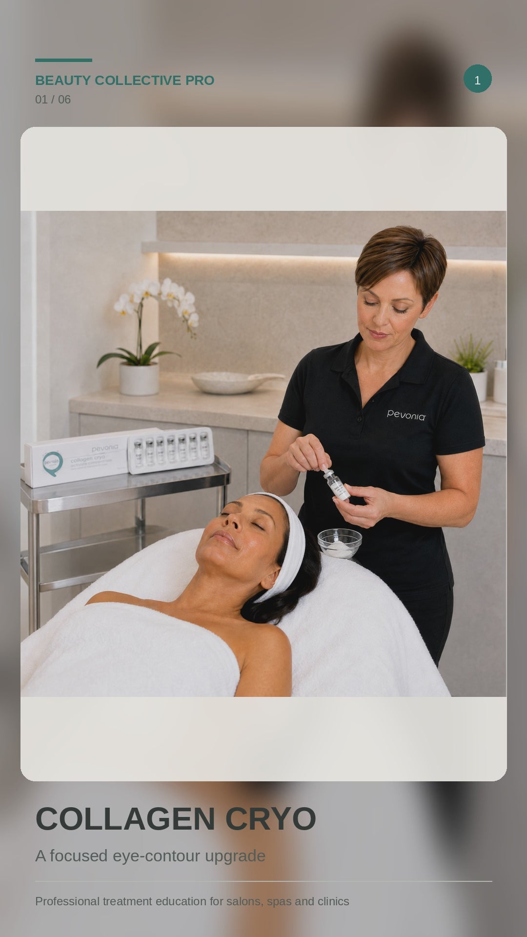 Pevonia Collagen Cryo professional eye-contour treatment demonstrated in a clinic, showing product preparation, gel application, damp eye-pad processing and treatment completion, followed by the 10-treatment professional pack.