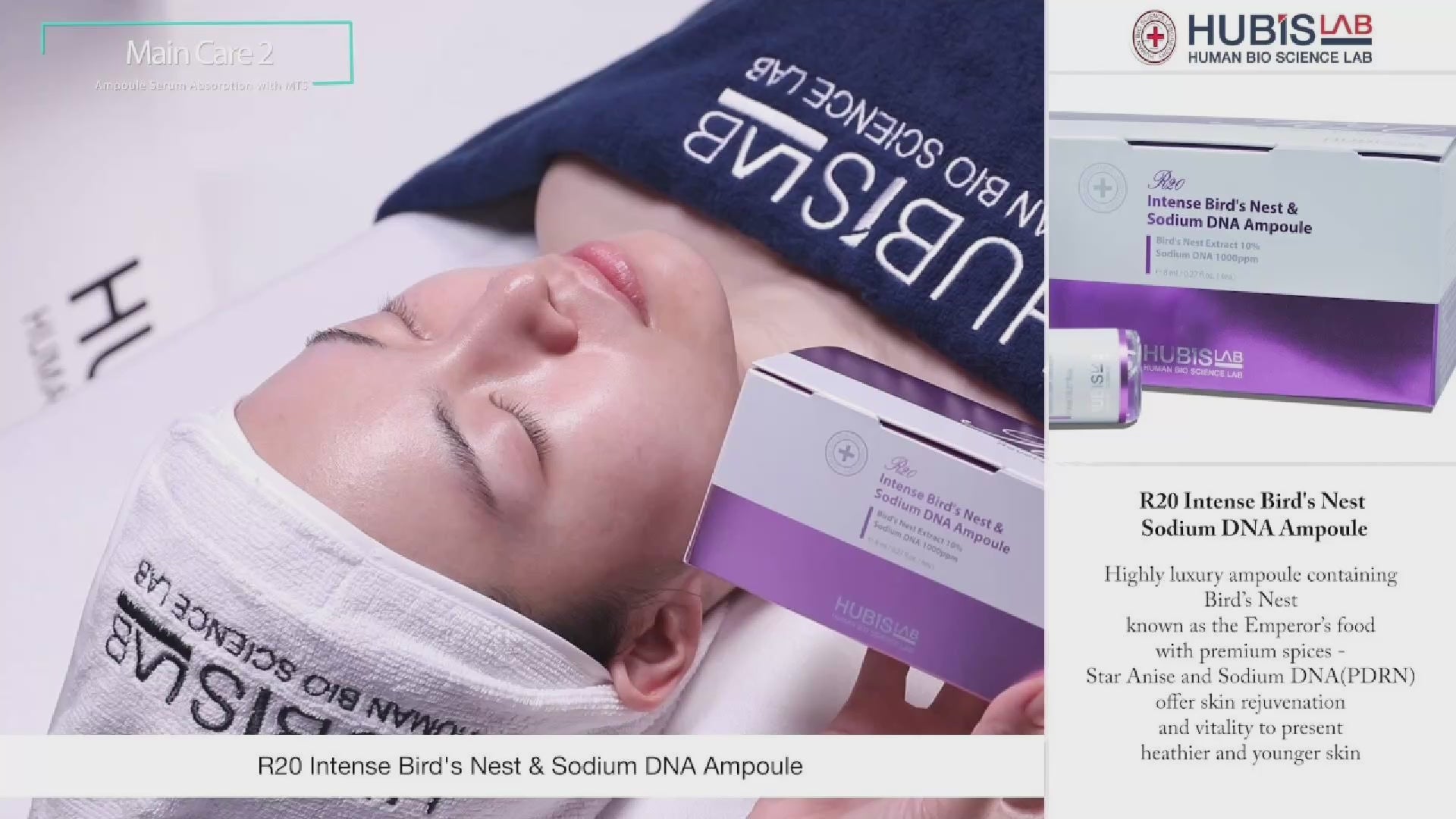 Hubislab R20 Intense Bird’s Nest and Sodium DNA Ampoule used in a professional clinic facial treatment - video